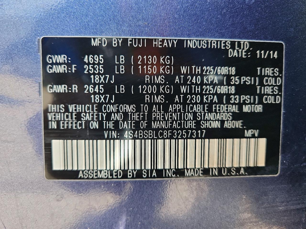 2015 Subaru Outback 2.5i Limited Blue vin: 4S4BSBLC8F3257317