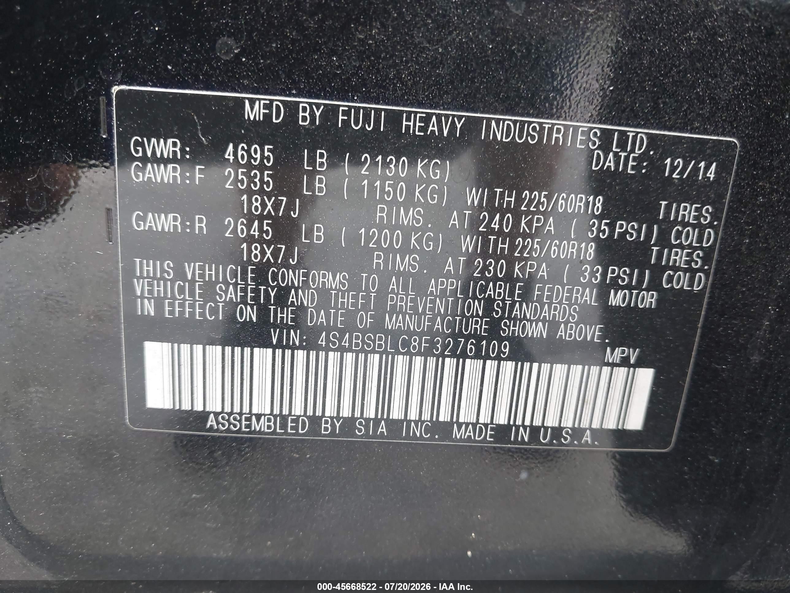 2015 Subaru Outback 2.5i Limited Black vin: 4S4BSBLC8F3276109