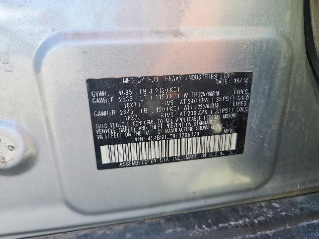 2015 Subaru Outback 2.5i Limited Blue vin: 4S4BSBLC9F3206179