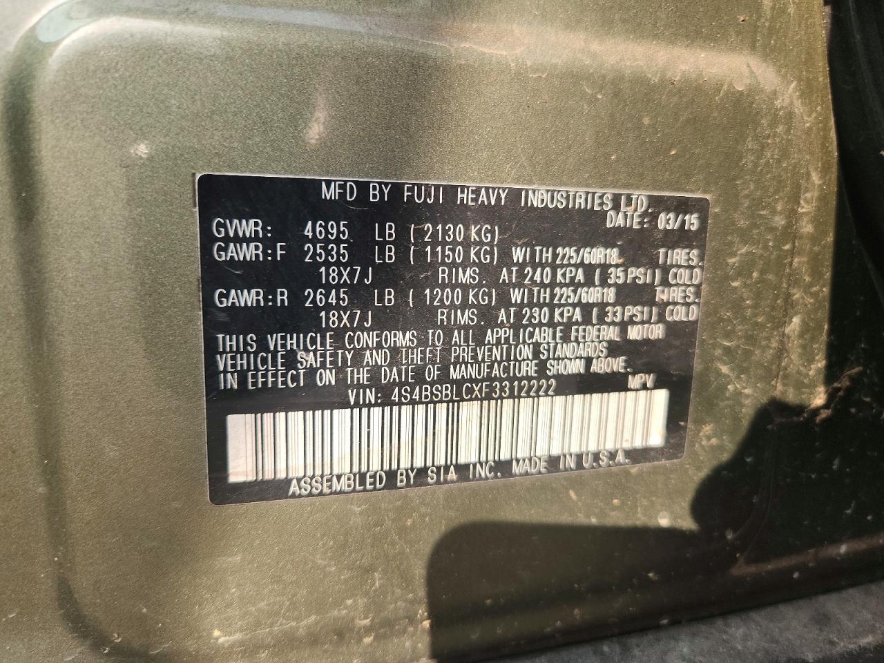 2015 Subaru Outback 2.5i Limited Tan vin: 4S4BSBLCXF3312222