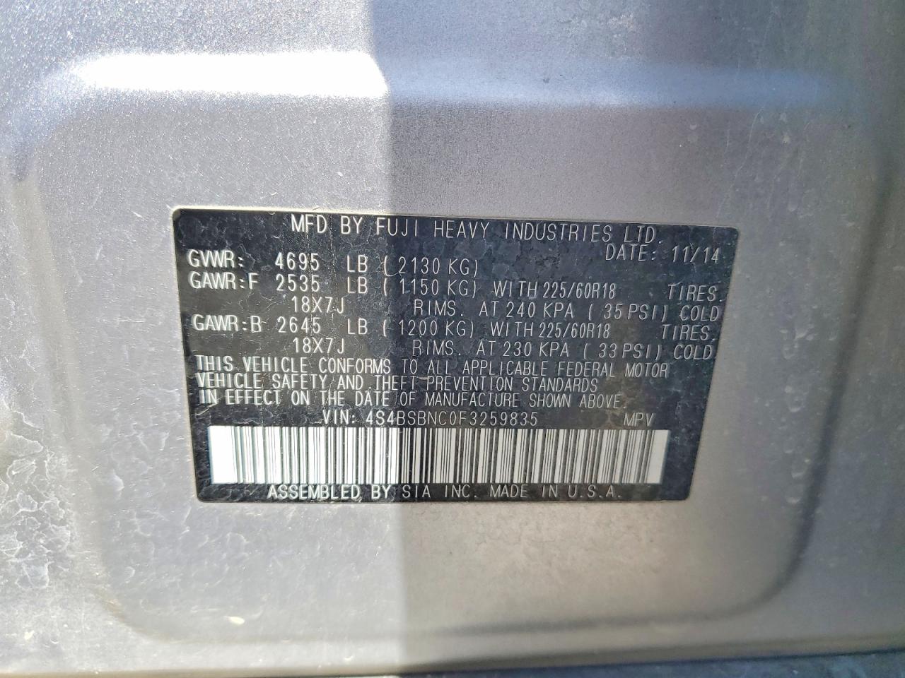 2015 Subaru Outback Silver vin: 4S4BSBNC0F3259835