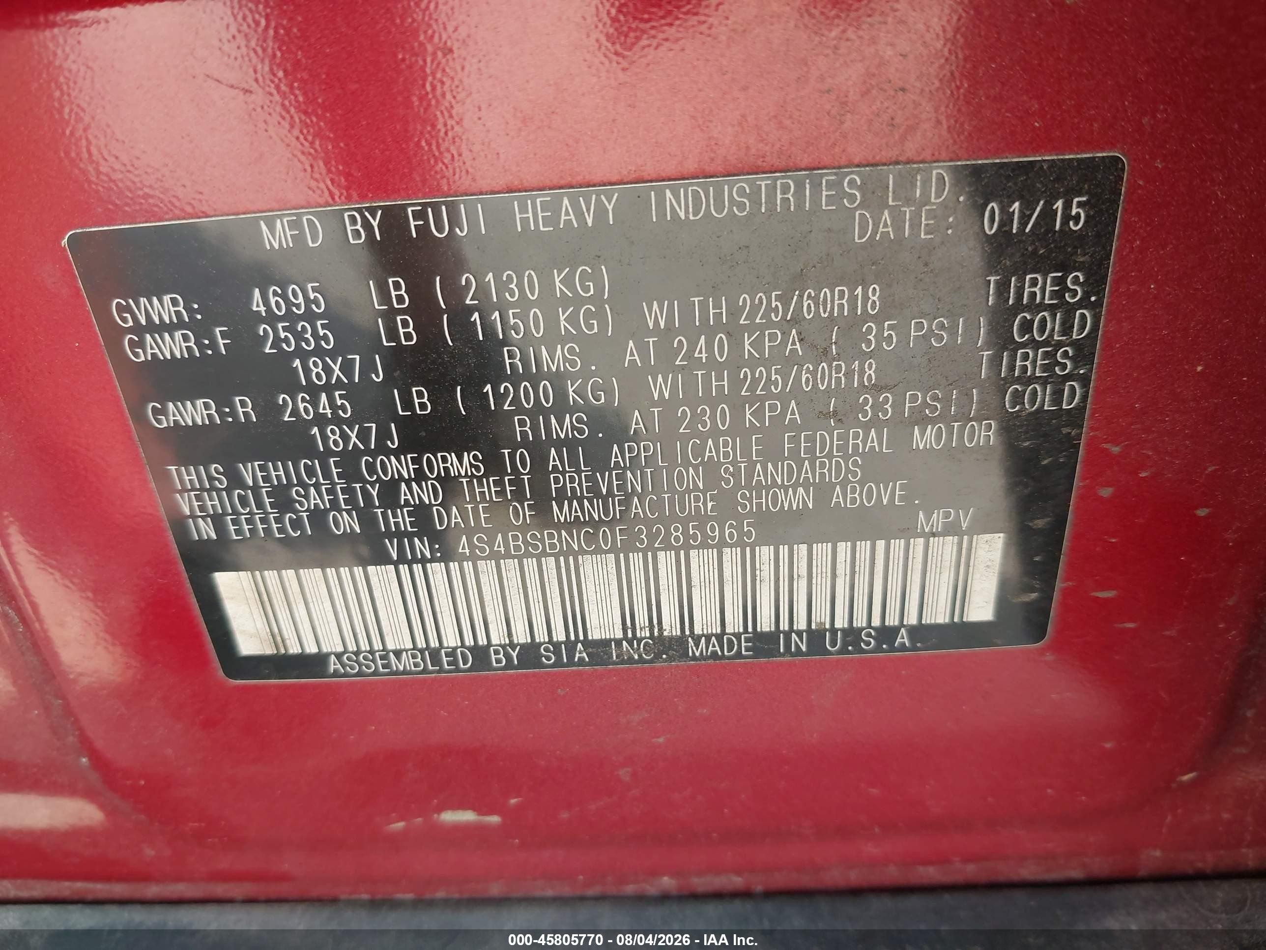 2015 Subaru Outback 2.5i Limited Red vin: 4S4BSBNC0F3285965