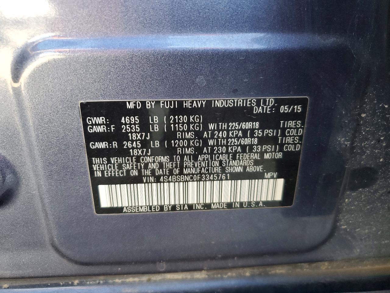 2015 Subaru Outback 2.5i Limited Синий vin: 4S4BSBNC0F3345761