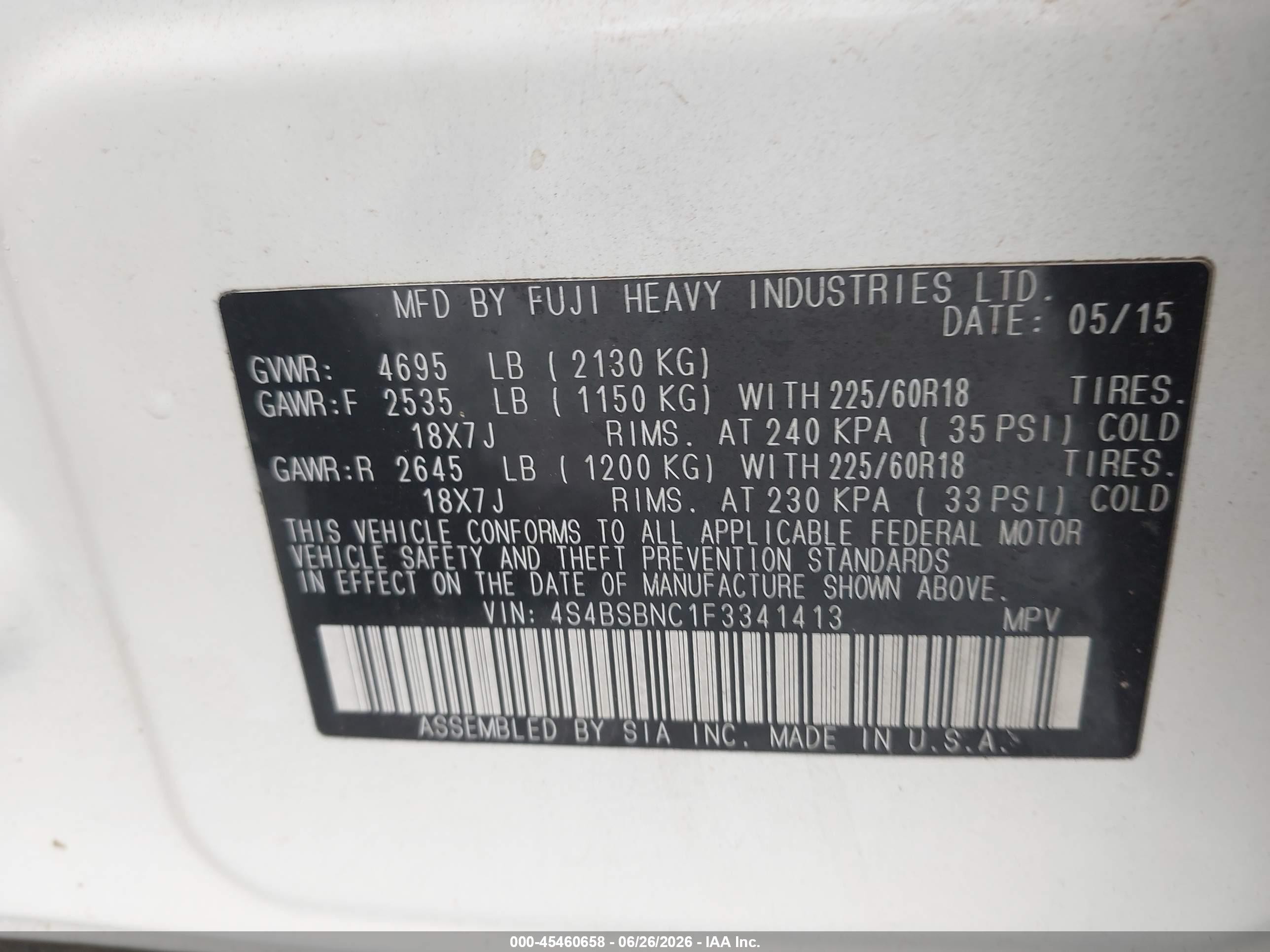 2015 Subaru Outback 2.5i Limited White vin: 4S4BSBNC1F3341413