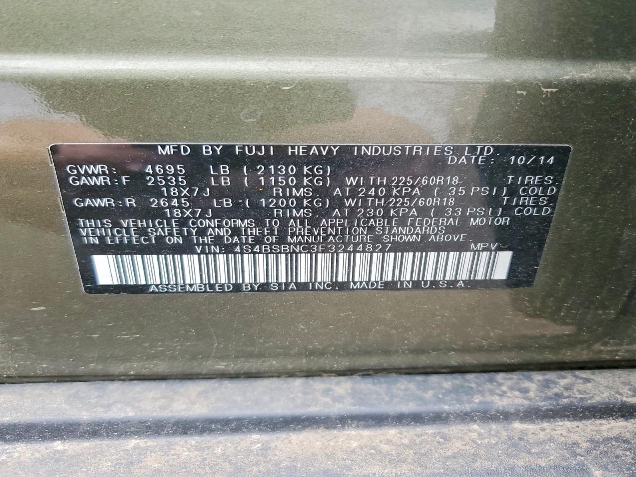 2015 Subaru Outback 2.5i Limited Green vin: 4S4BSBNC3F3244827