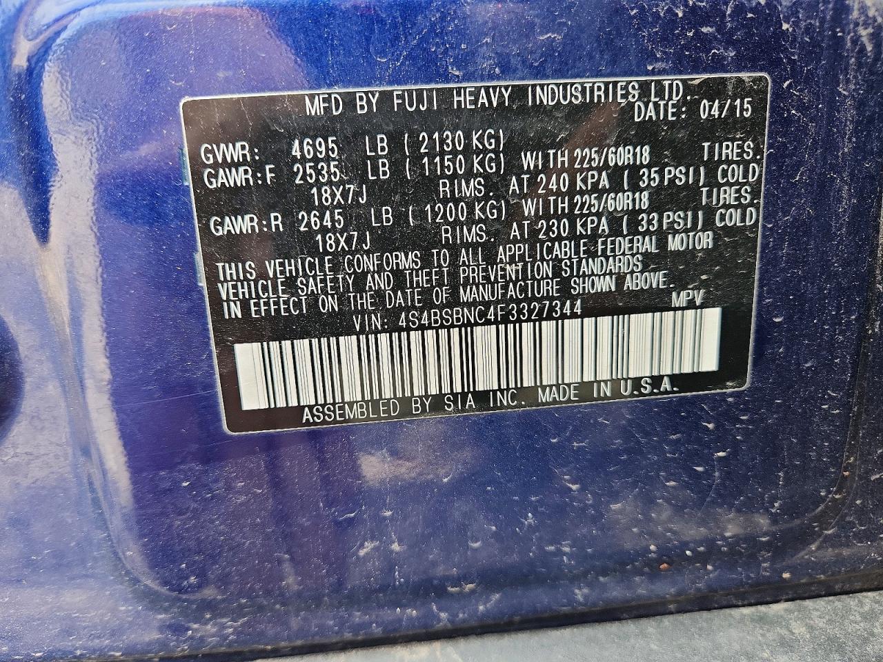 2015 Subaru Outback 2.5i Limited Blue vin: 4S4BSBNC4F3327344