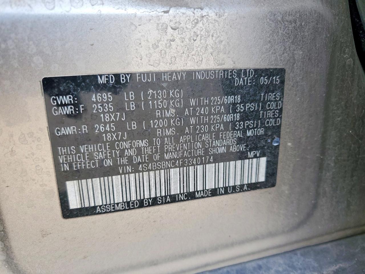 2015 Subaru Outback 2.5i Limited Silver vin: 4S4BSBNC4F3340174