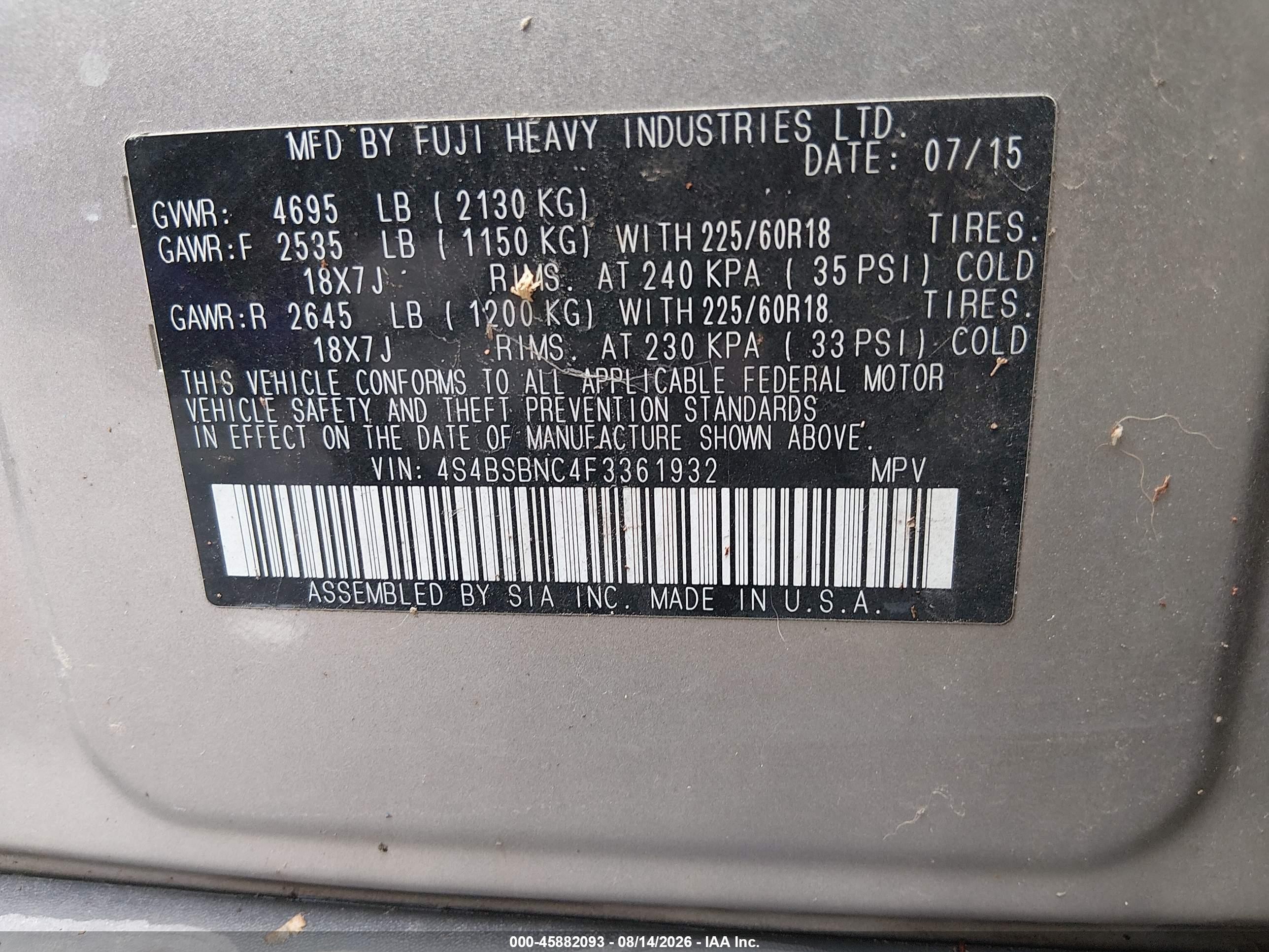 2015 Subaru Outback 2.5i Limited Silver vin: 4S4BSBNC4F3361932