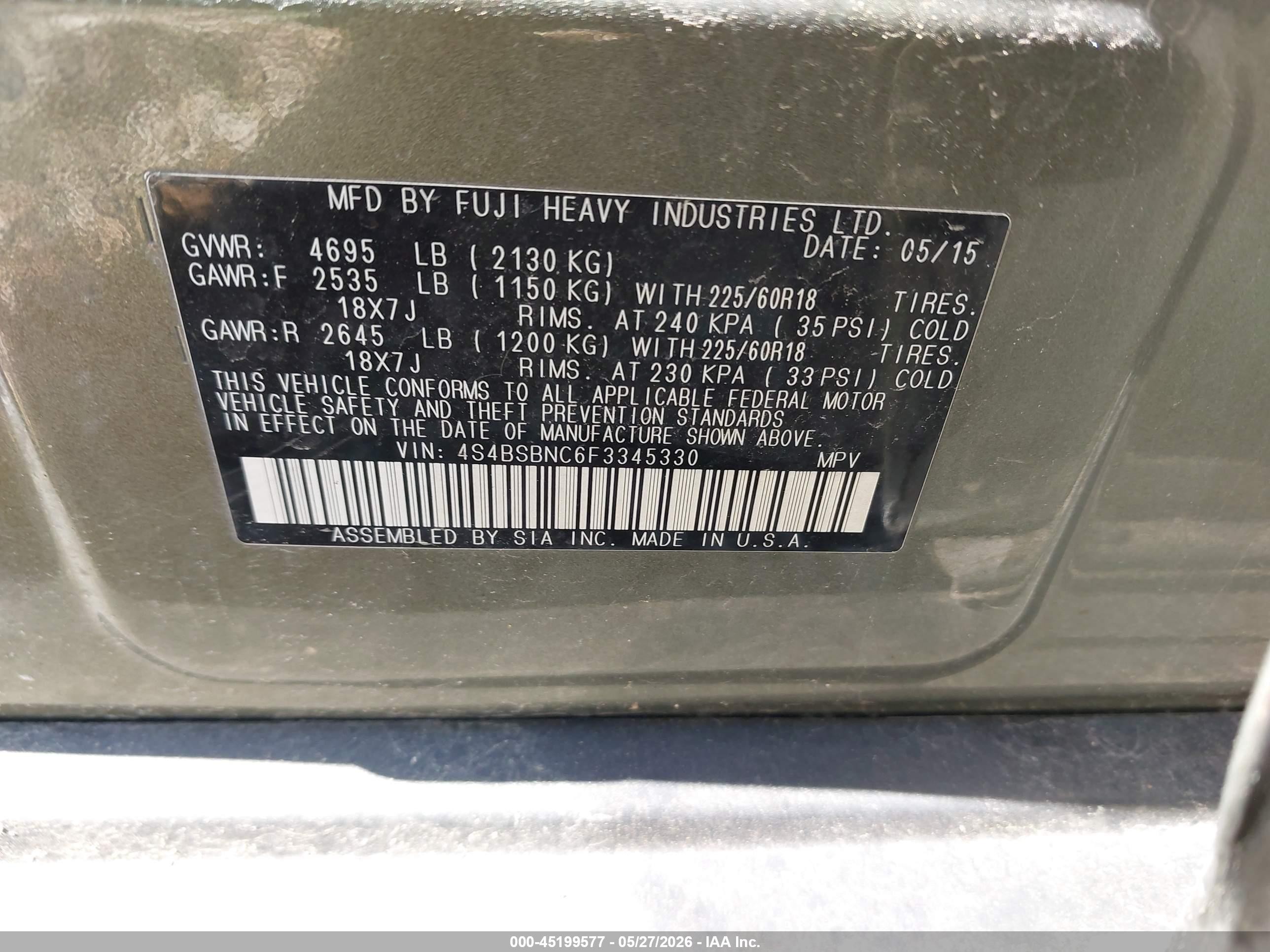 2015 Subaru Outback 2.5i Limited Green vin: 4S4BSBNC6F3345330