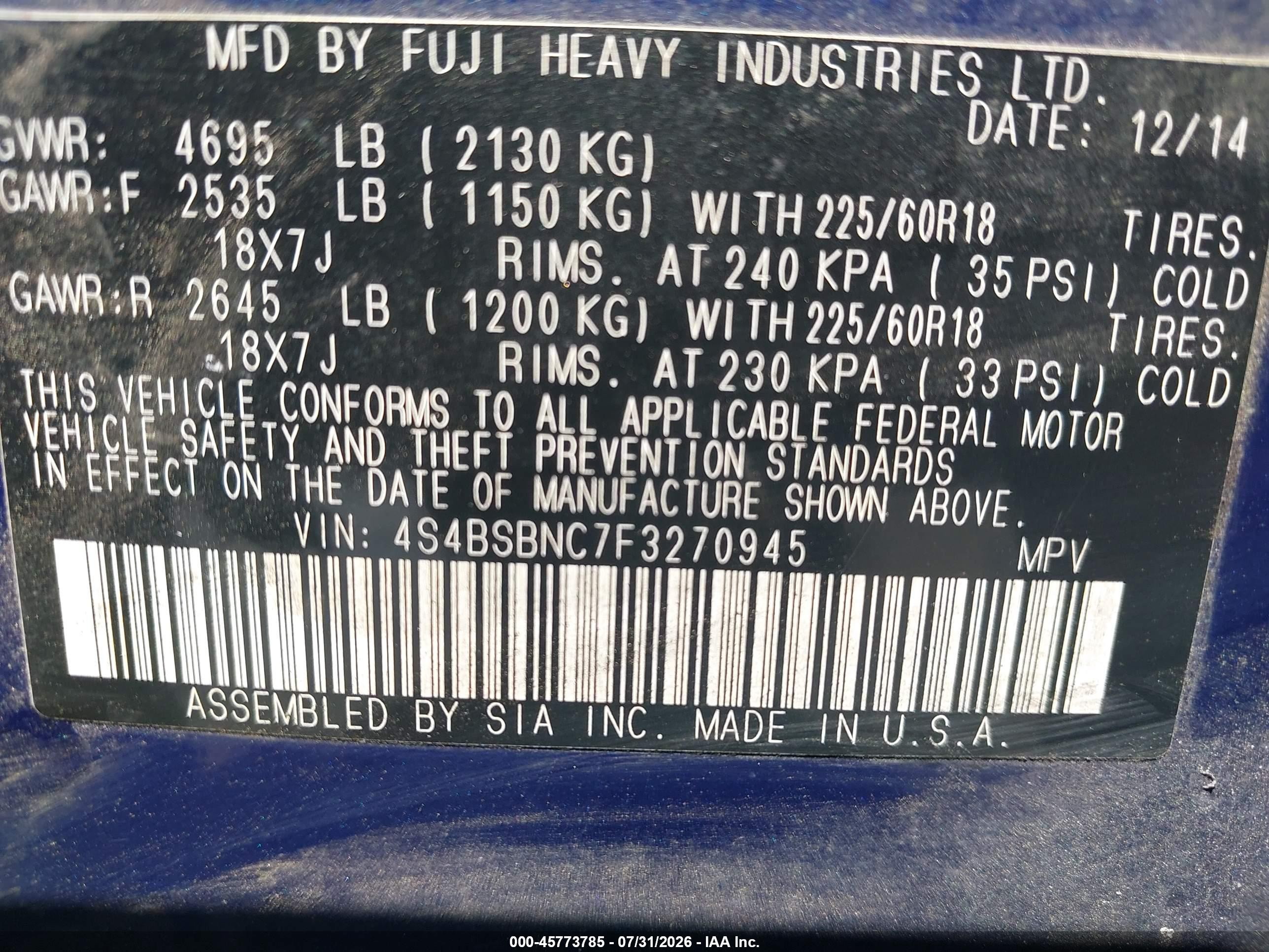 2015 Subaru Outback 2.5i Limited Blue vin: 4S4BSBNC7F3270945