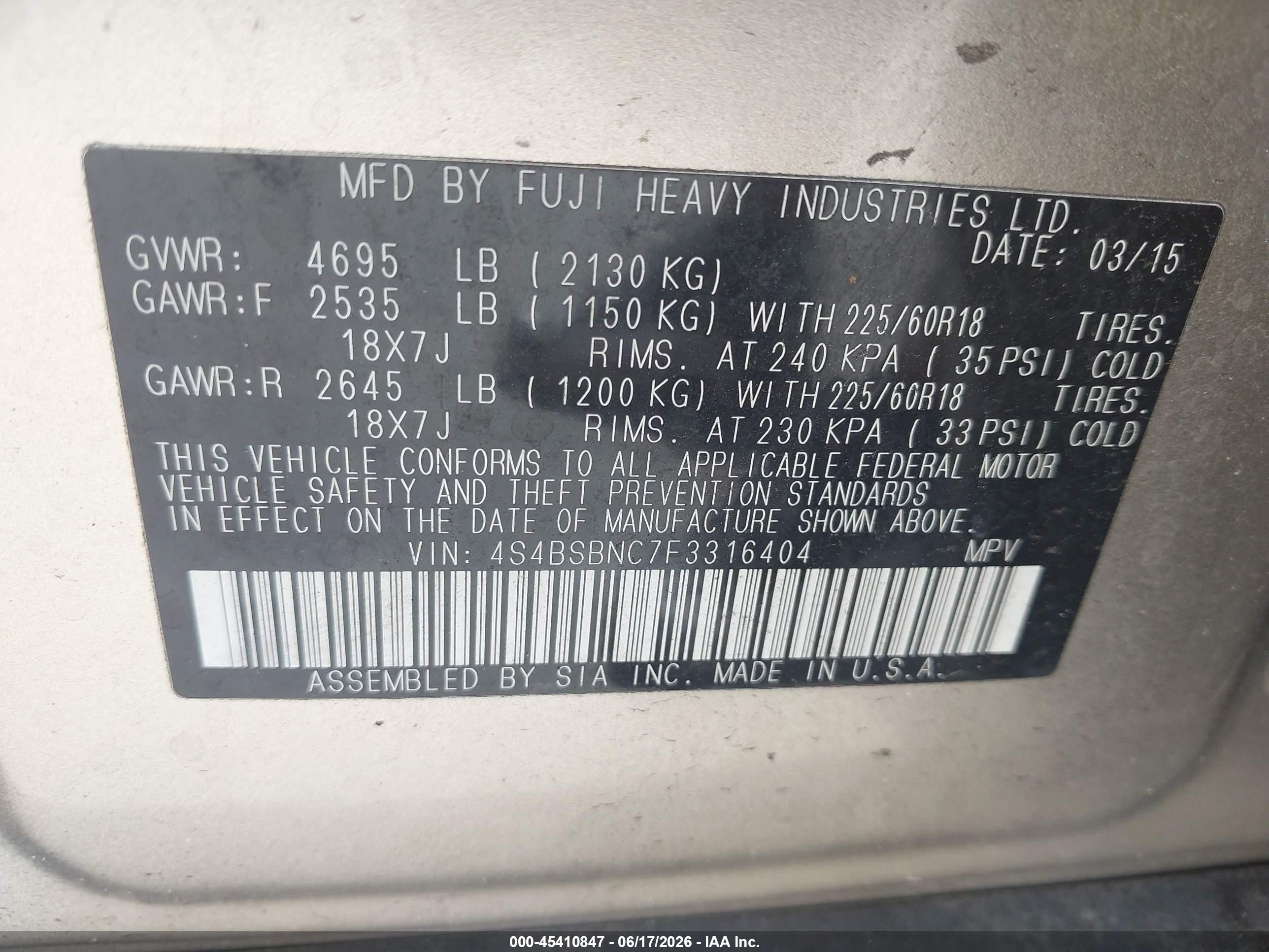 2015 Subaru Outback 2.5i Limited Silver vin: 4S4BSBNC7F3316404
