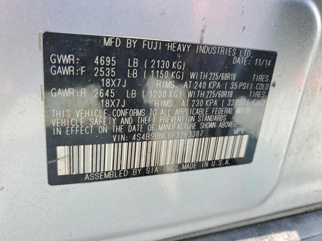 2015 Subaru Outback 2.5i Limited Silver vin: 4S4BSBNC8F3263387
