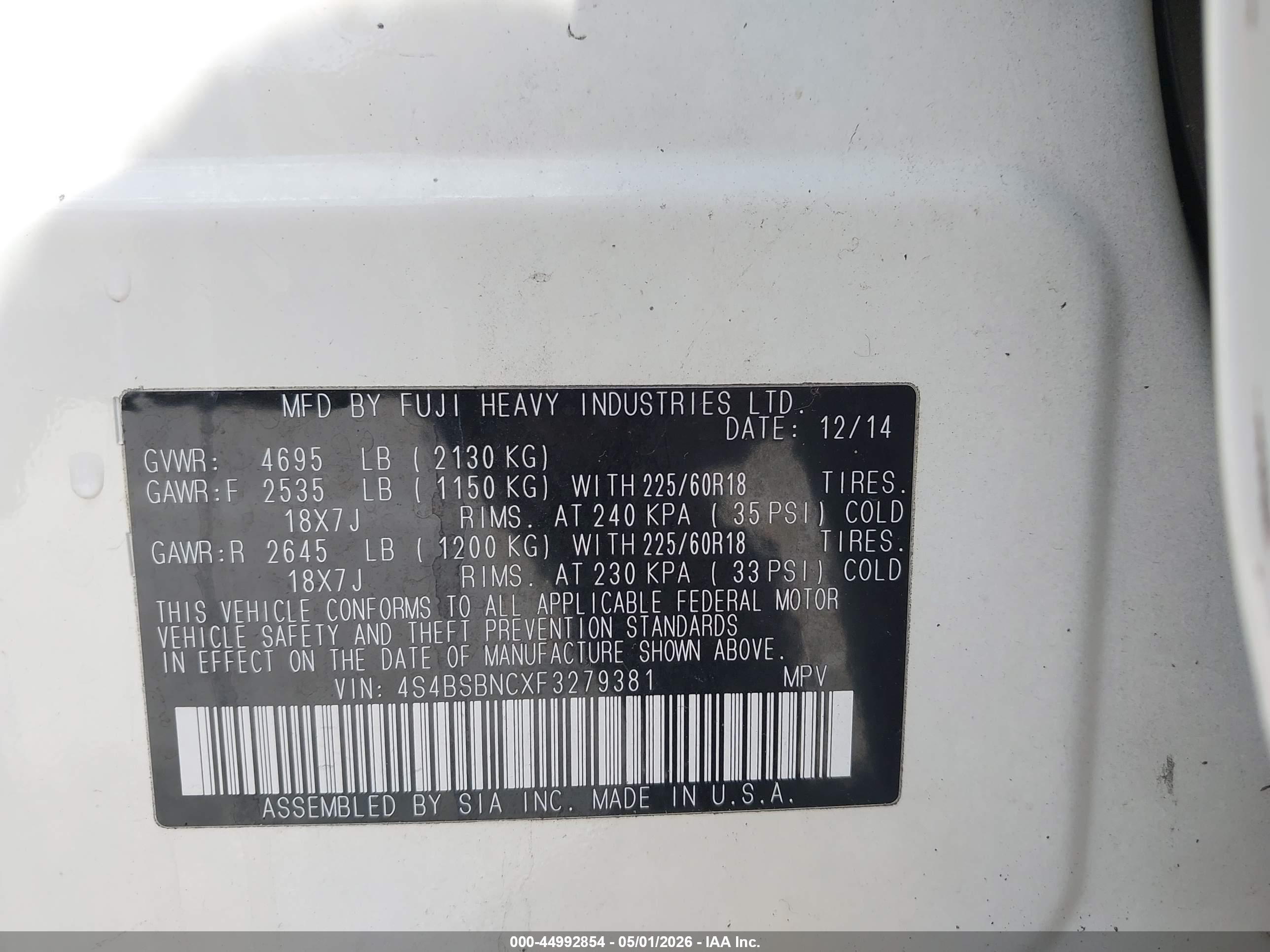 2015 Subaru Outback 2.5i Limited White vin: 4S4BSBNCXF3279381