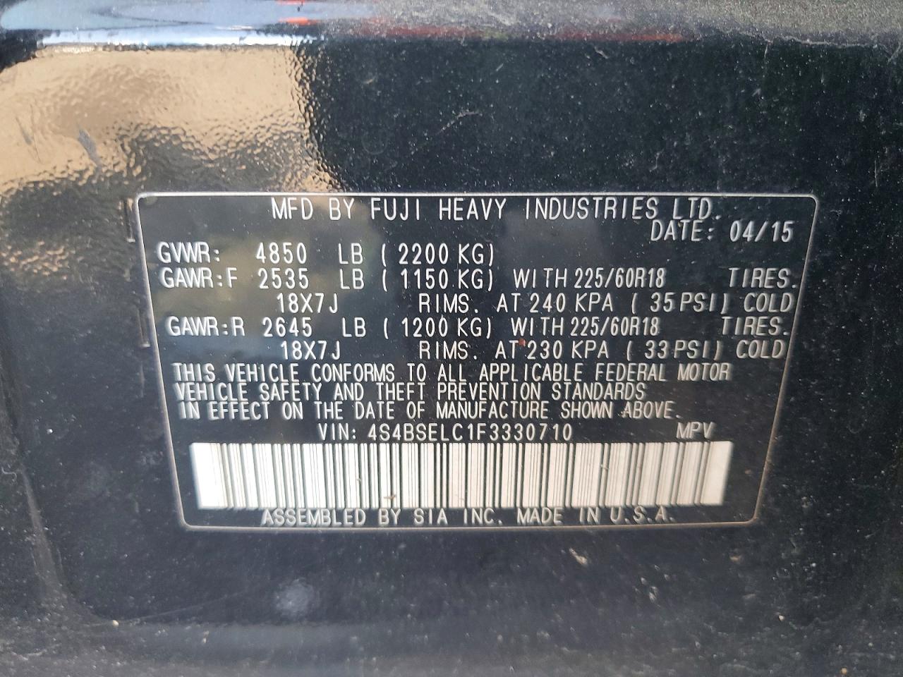 2015 Subaru Outback 3.6r Limited Black vin: 4S4BSELC1F3330710