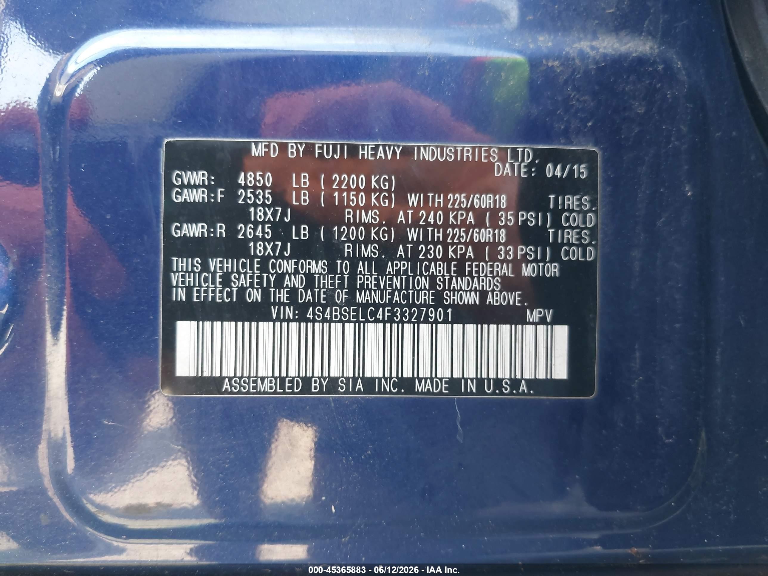 2015 Subaru Outback 3.6r Limited Blue vin: 4S4BSELC4F3327901