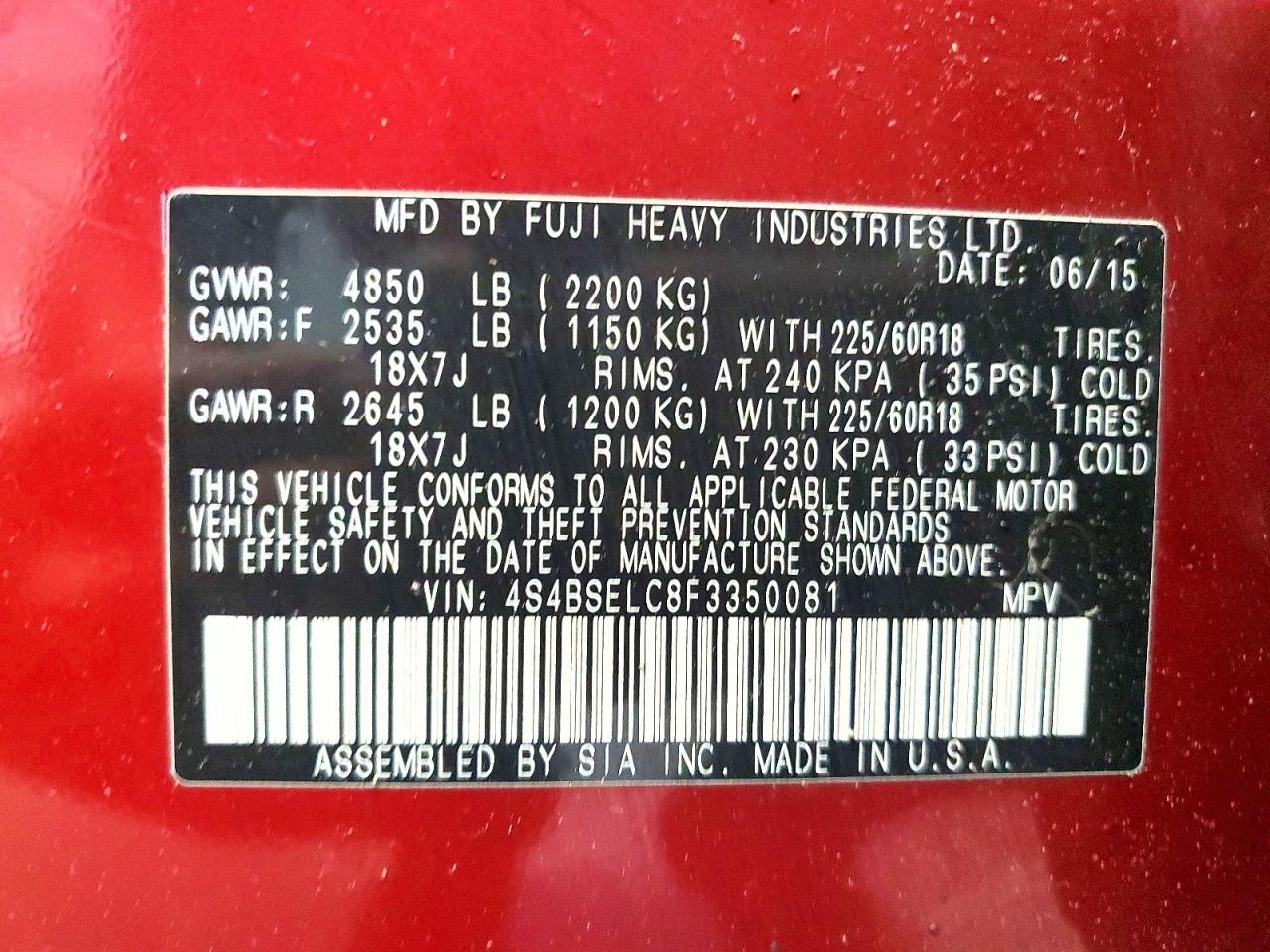 2015 Subaru Outback 3.6r Limited Red vin: 4S4BSELC8F3350081