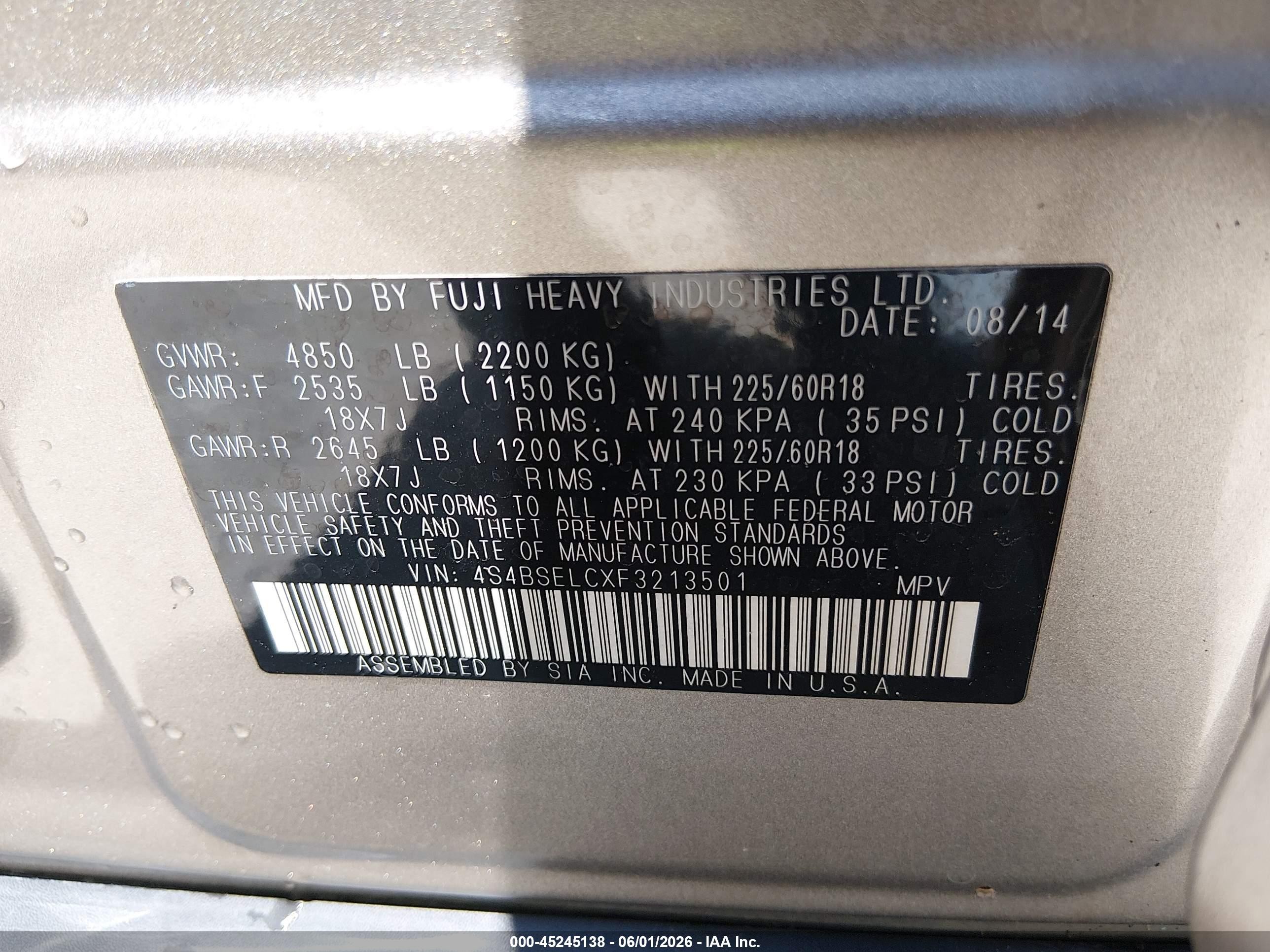 2015 Subaru Outback 3.6r Limited Silver vin: 4S4BSELCXF3213501
