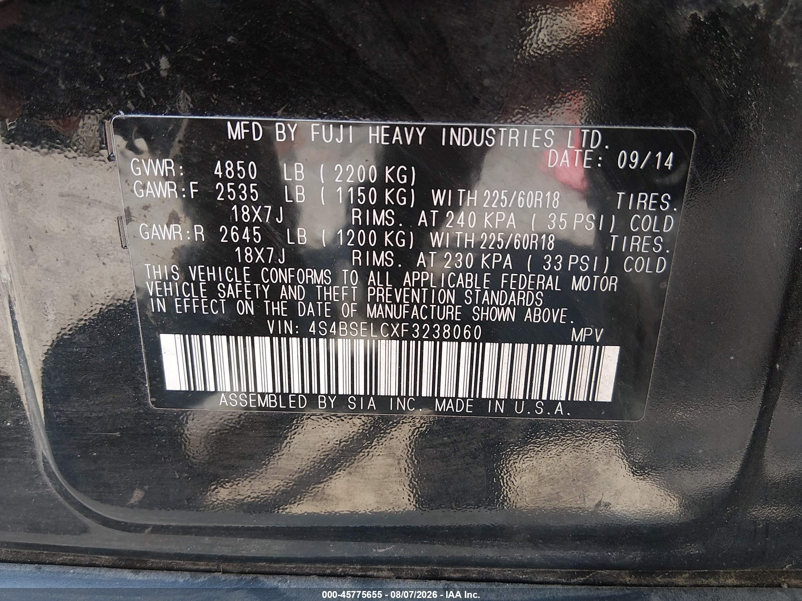 2015 Subaru Outback 3.6r Limited Black vin: 4S4BSELCXF3238060