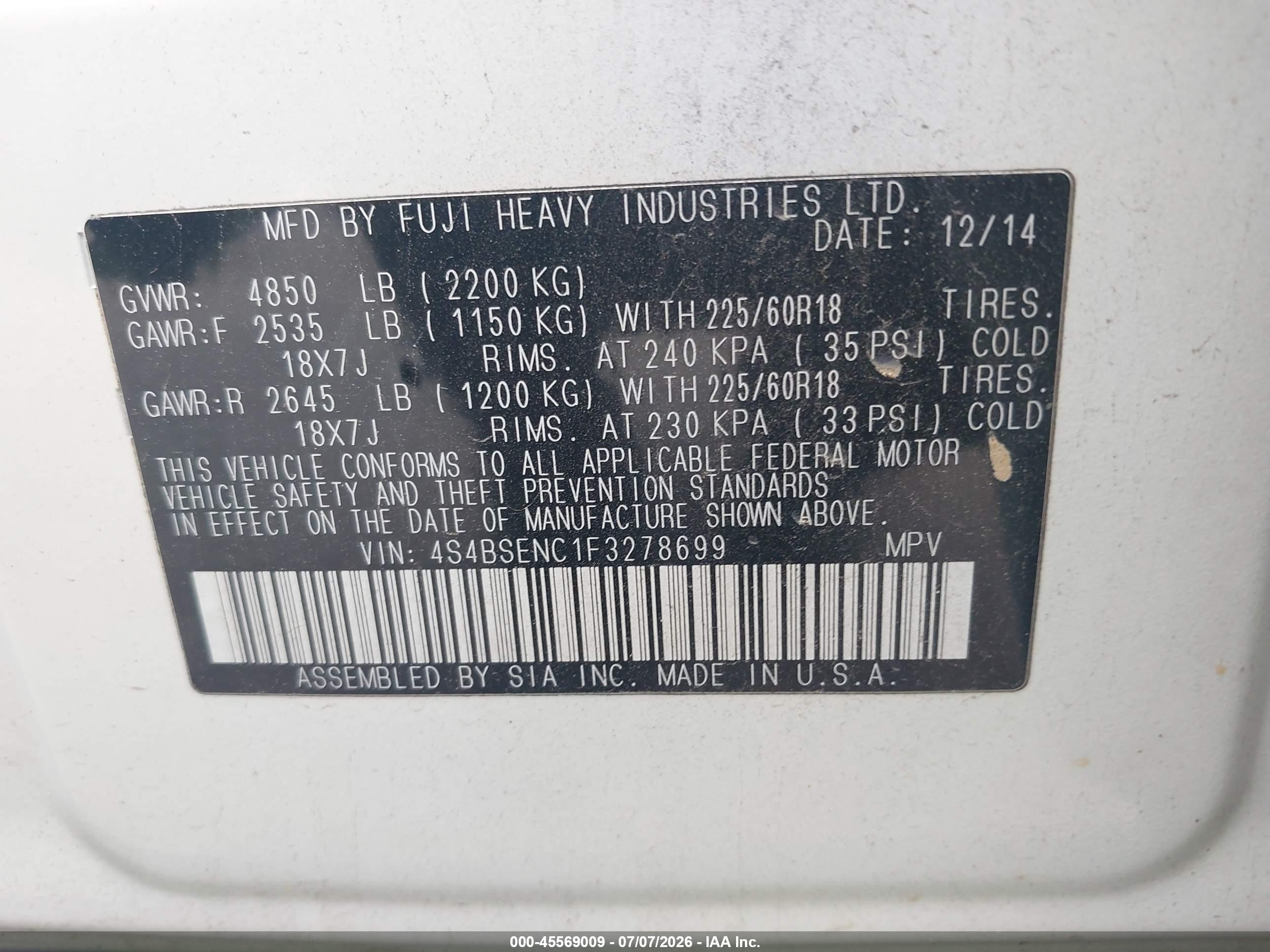 2015 Subaru Outback 3.6r Limited Белый vin: 4S4BSENC1F3278699