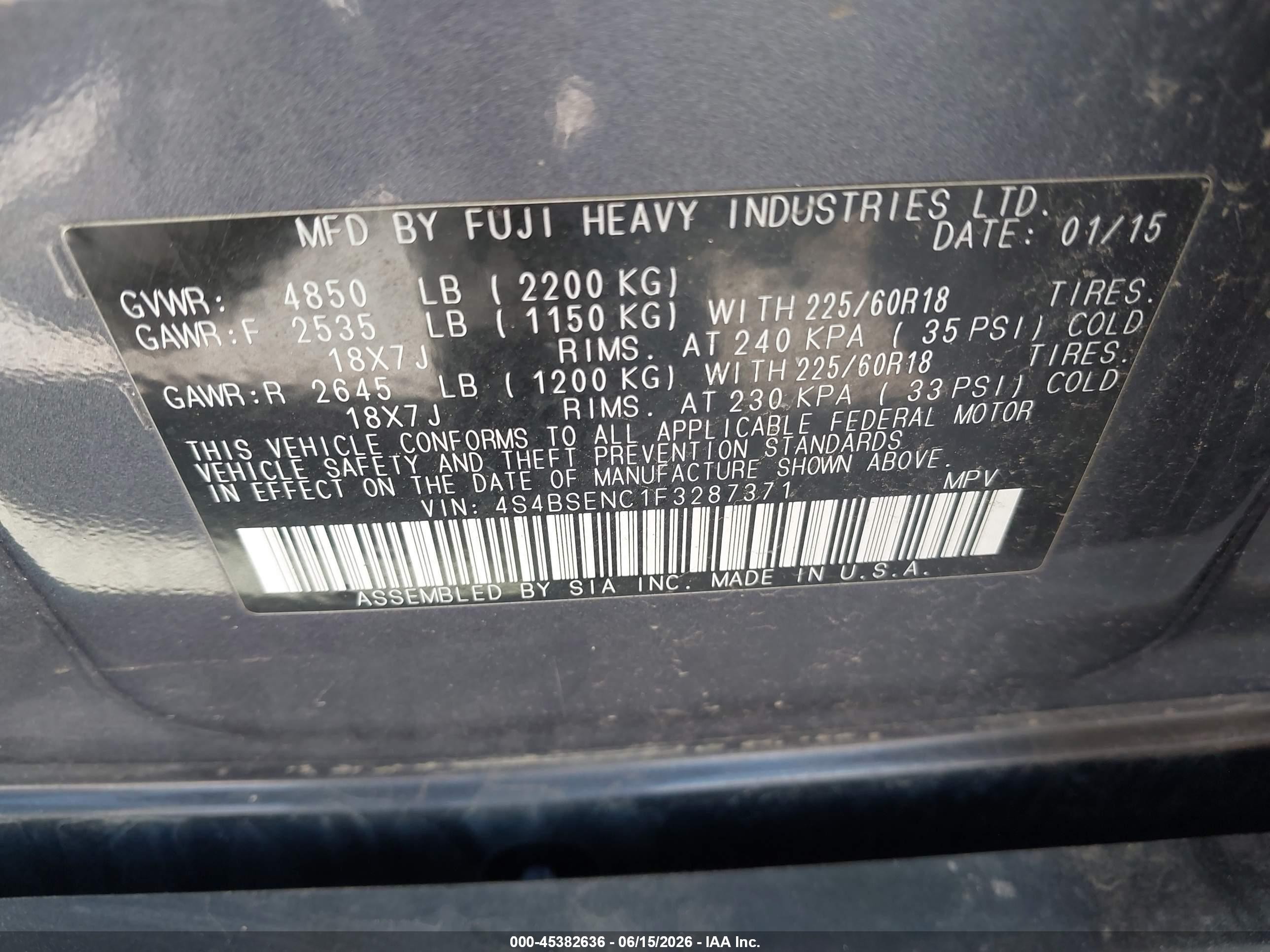2015 Subaru Outback 3.6r Limited Gray vin: 4S4BSENC1F3287371