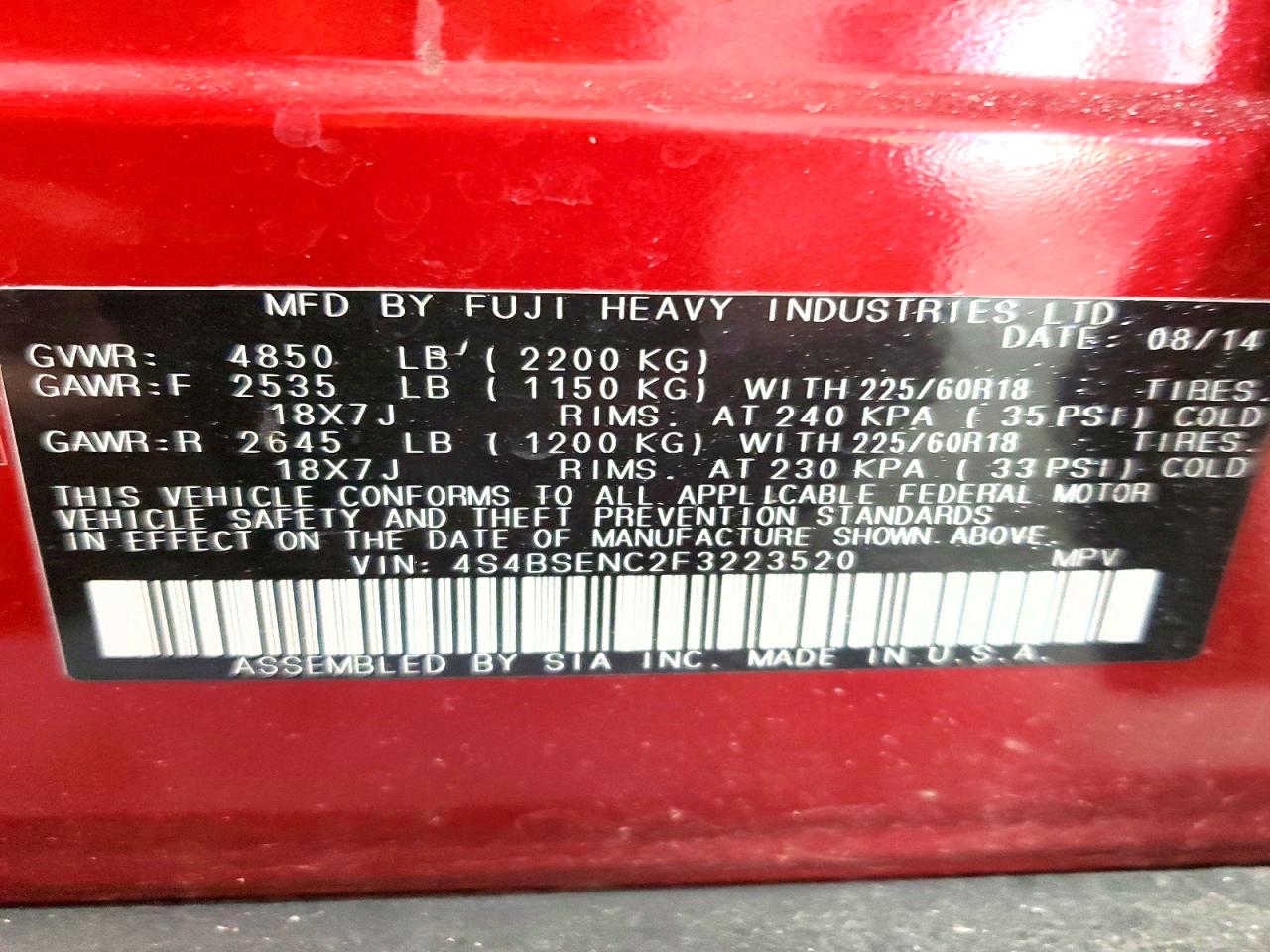2015 Subaru Outback 3.6r Limited Red vin: 4S4BSENC2F3223520