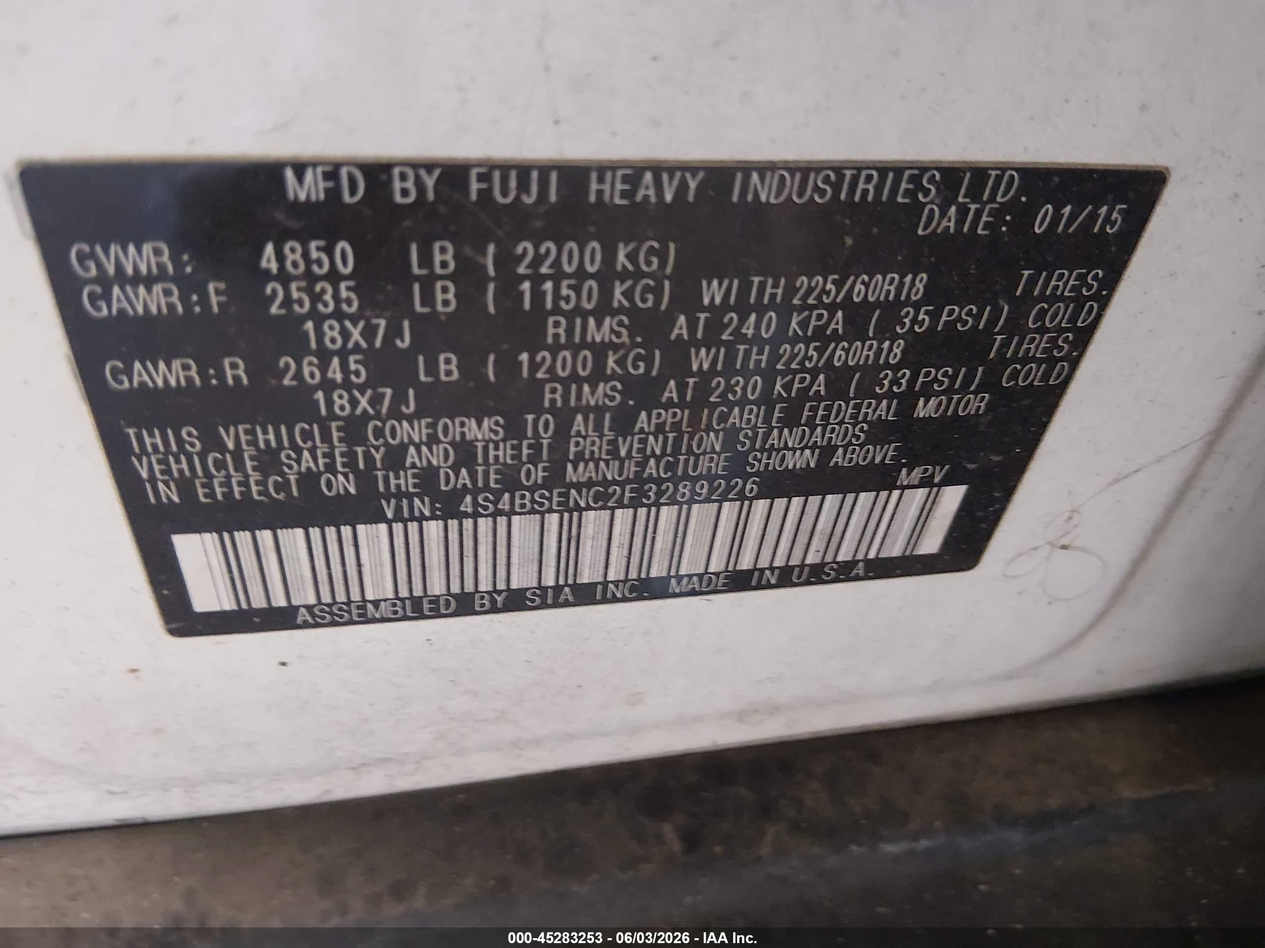 2015 Subaru Outback 3.6r Limited White vin: 4S4BSENC2F3289226