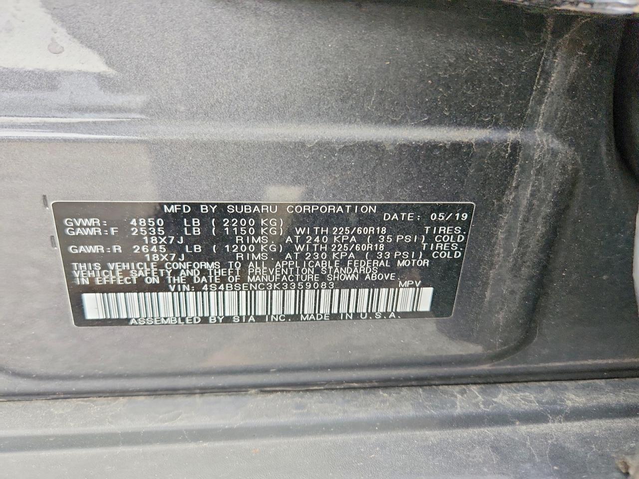 2019 Subaru Outback 3.6r Limited Gray vin: 4S4BSENC3K3359083