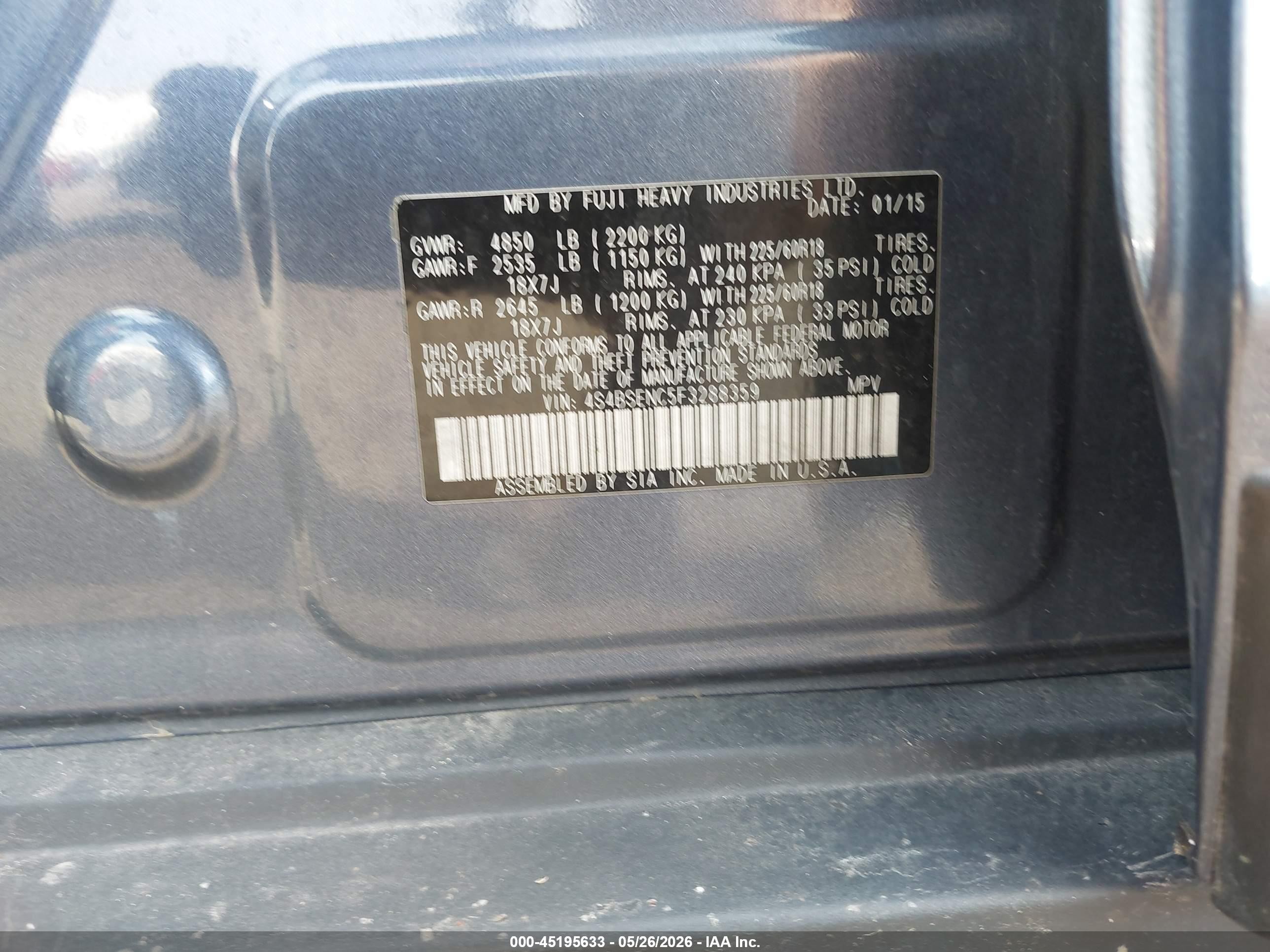 2015 Subaru Outback 3.6r Limited Blue vin: 4S4BSENC5F3288359
