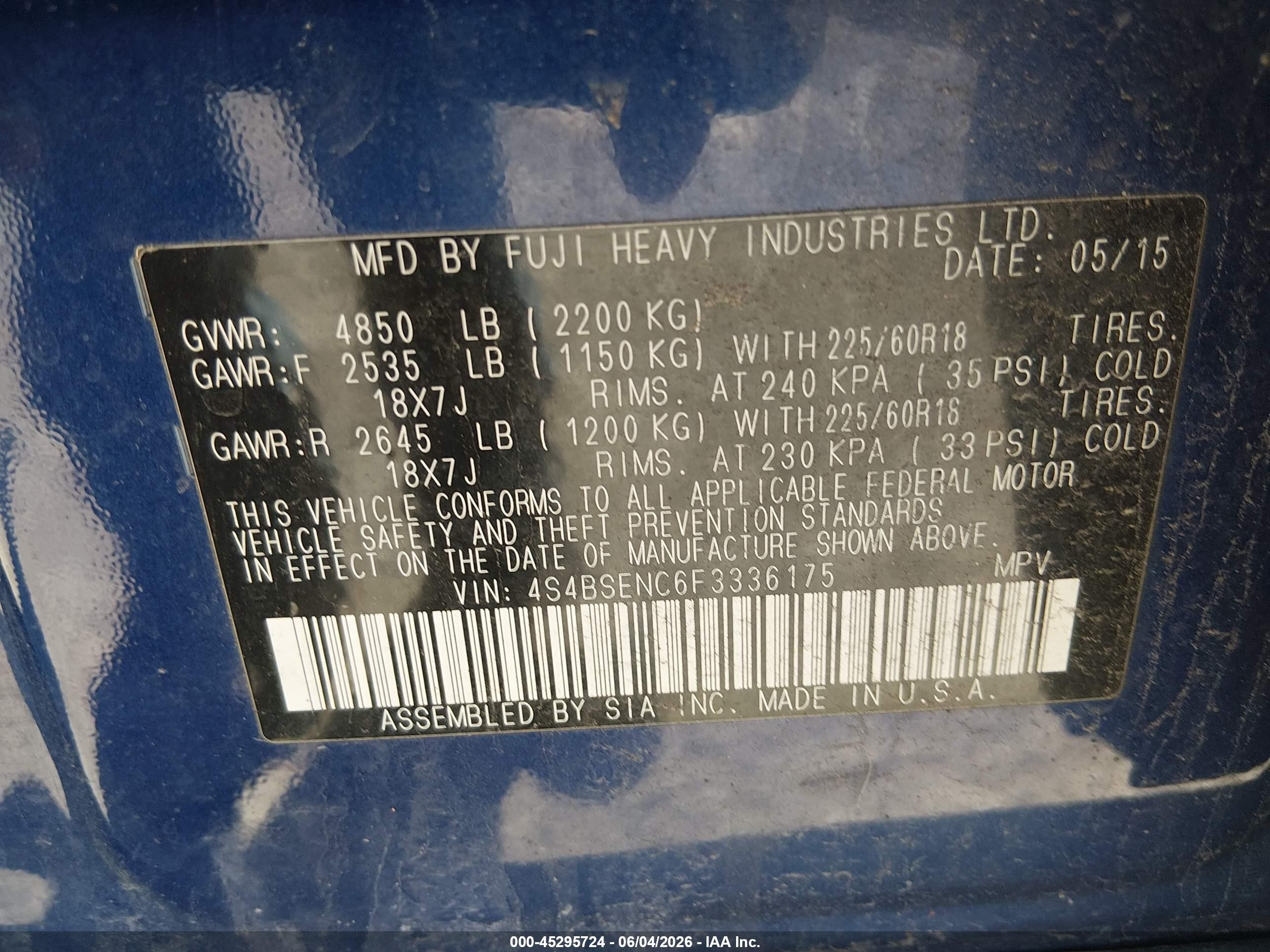 2015 Subaru Outback 3.6r Limited Blue vin: 4S4BSENC6F3336175