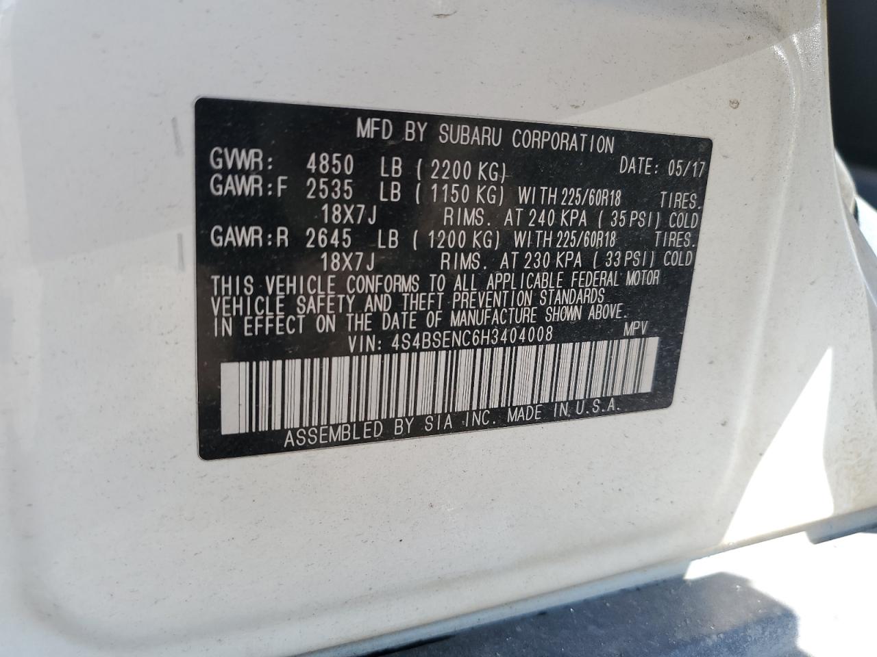 2017 Subaru Outback 3.6r Limited Белый vin: 4S4BSENC6H3404008