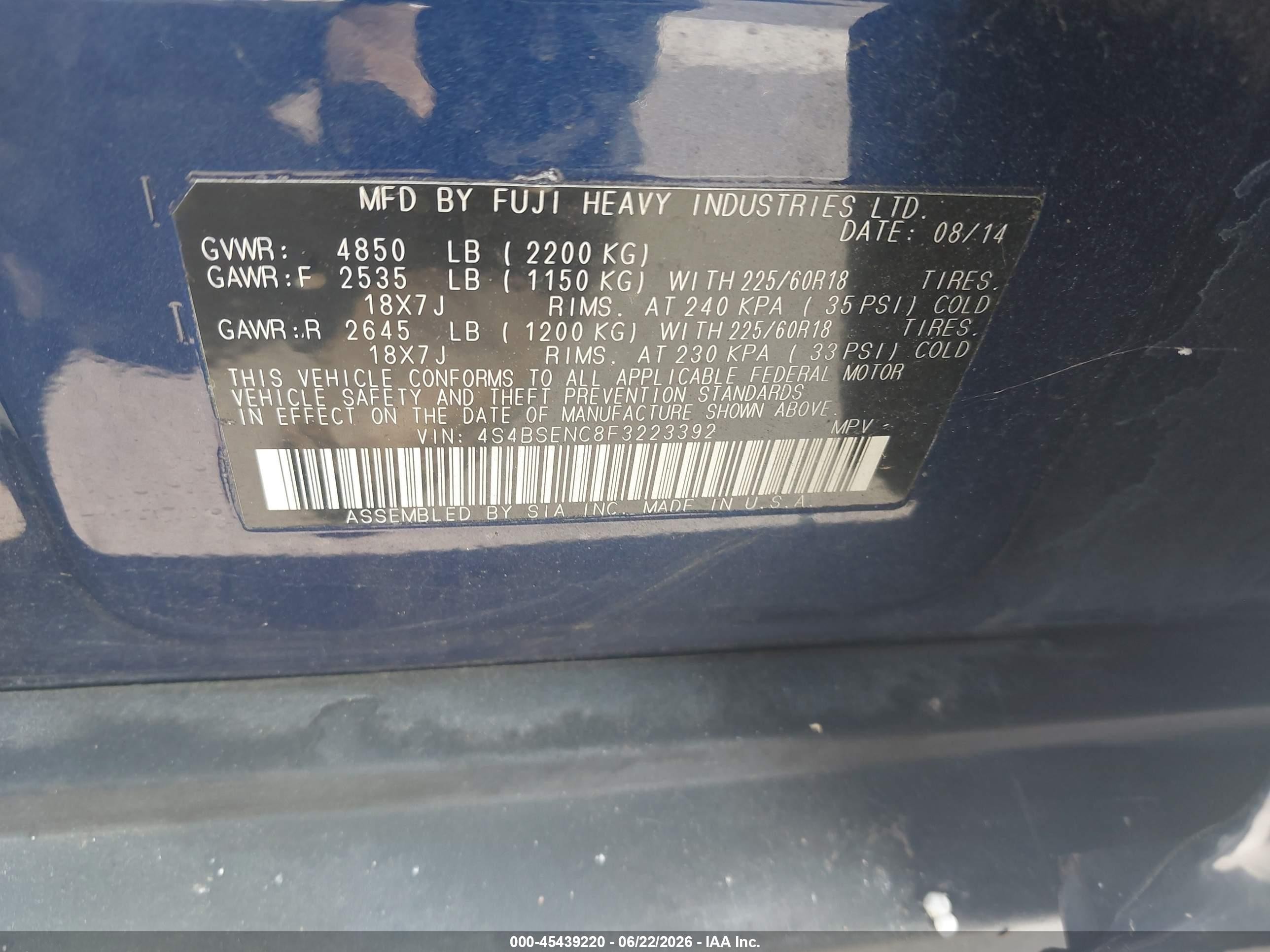 2015 Subaru Outback 3.6r Limited Blue vin: 4S4BSENC8F3223392