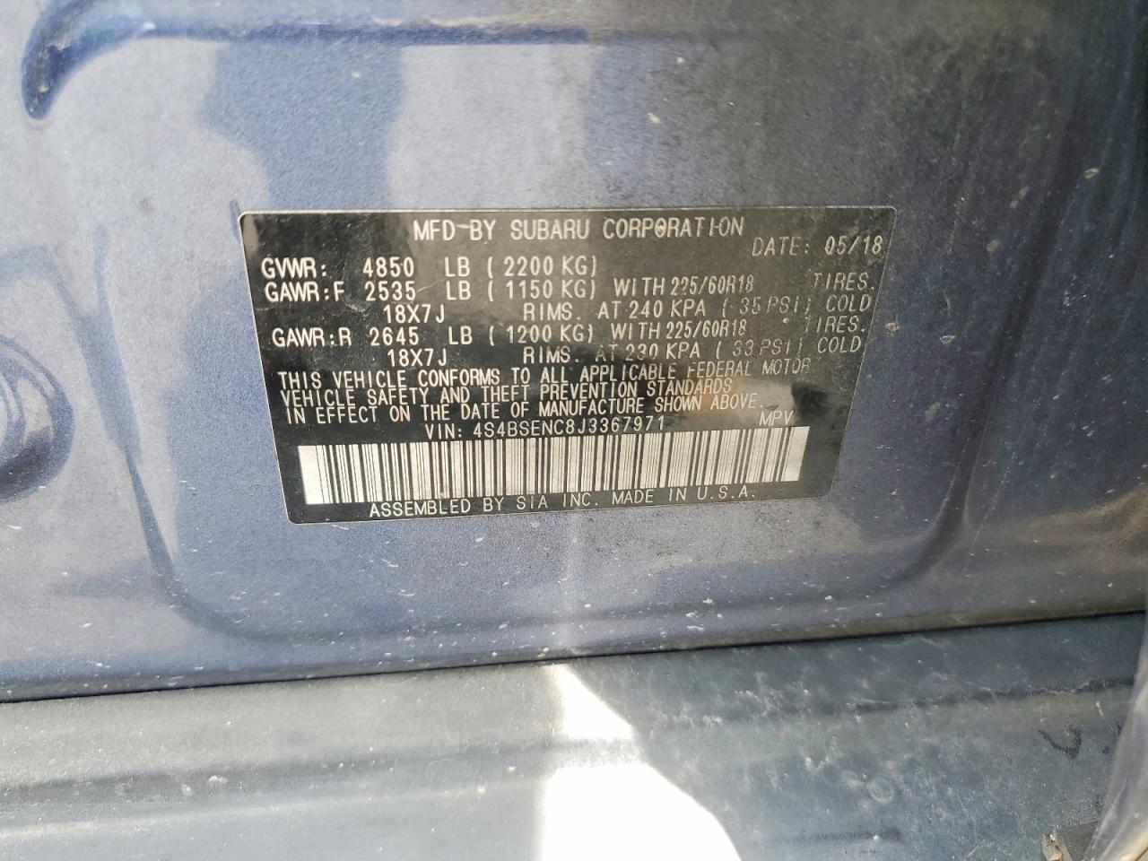 2018 Subaru Outback 3.6r Limited Blue vin: 4S4BSENC8J3367971