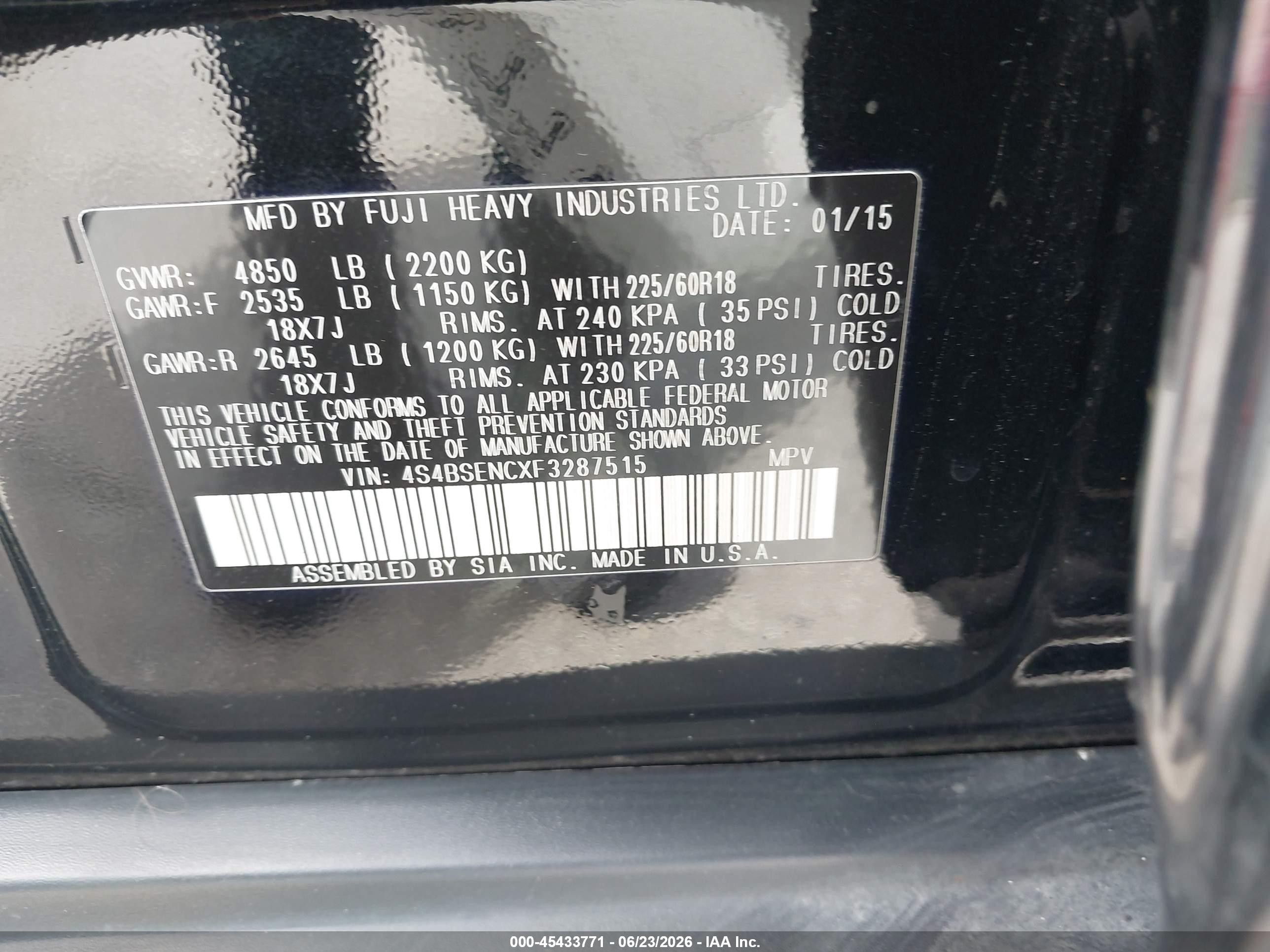 2015 Subaru Outback 3.6r Limited Черный vin: 4S4BSENCXF3287515