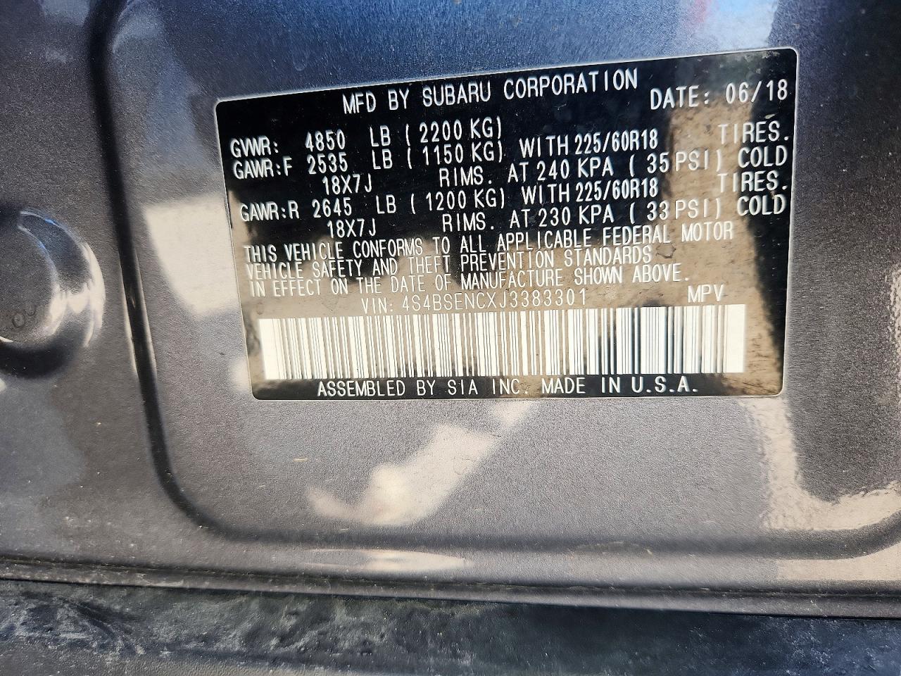 2018 Subaru Outback 3.6r Limited Charcoal vin: 4S4BSENCXJ3383301