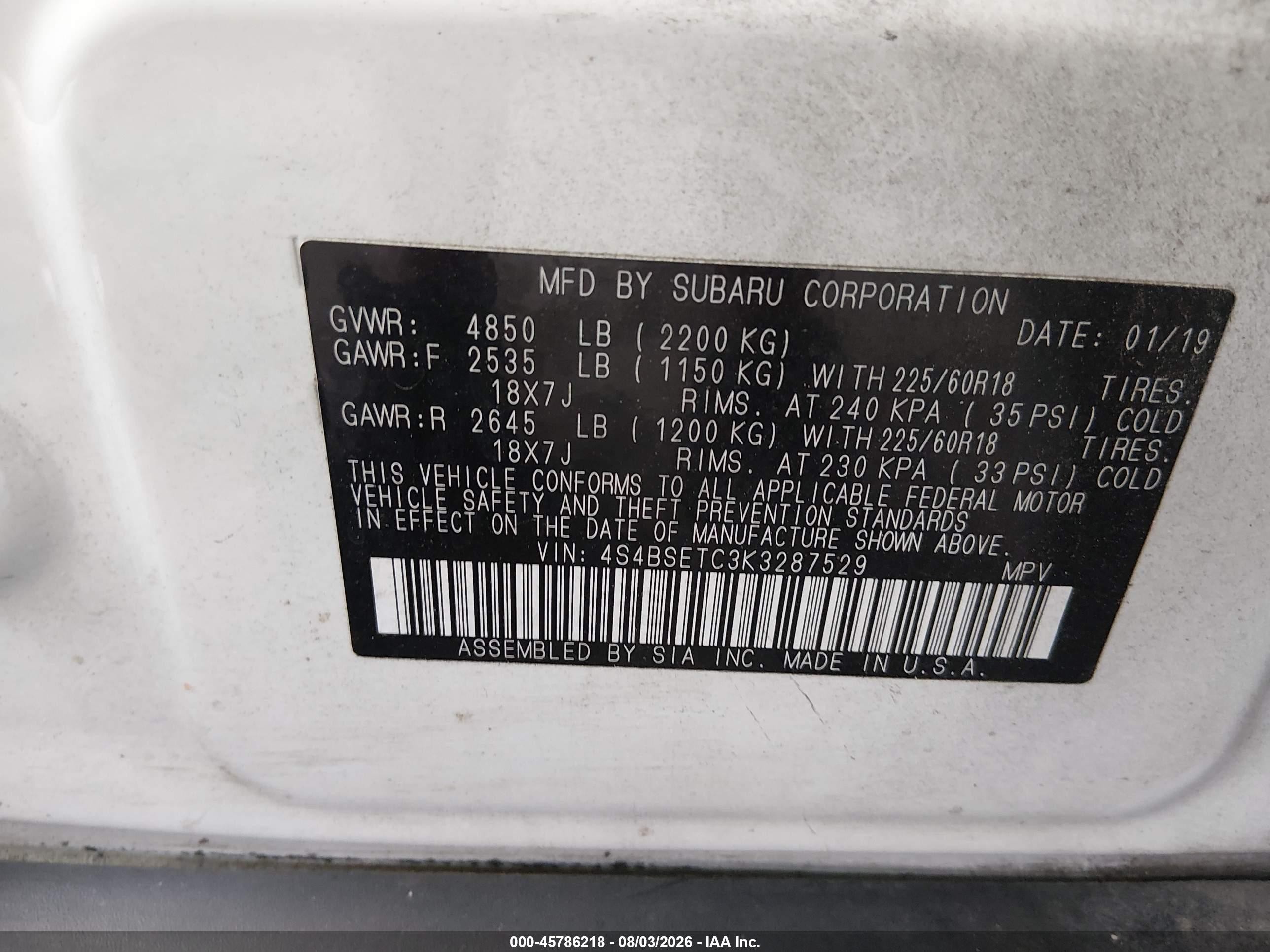 2019 Subaru Outback 3.6r Touring Белый vin: 4S4BSETC3K3287529