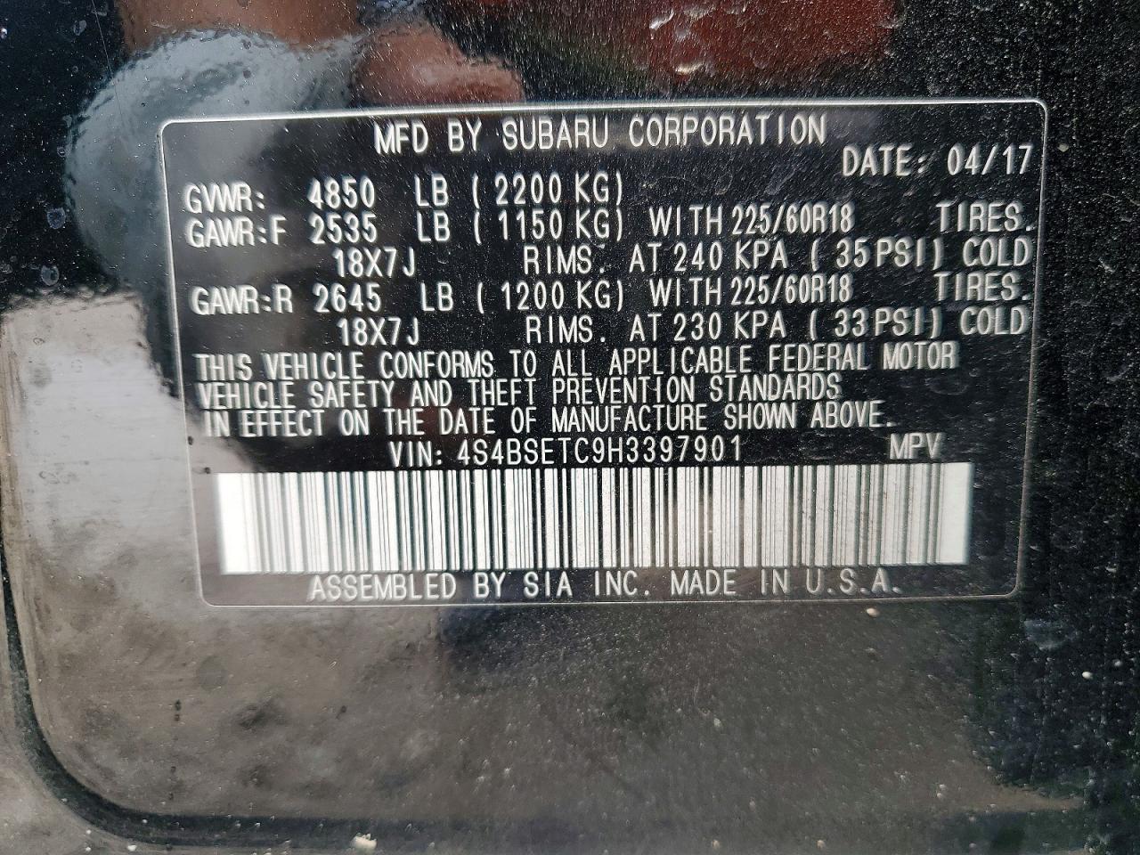 2017 Subaru Outback Touring Black vin: 4S4BSETC9H3397901