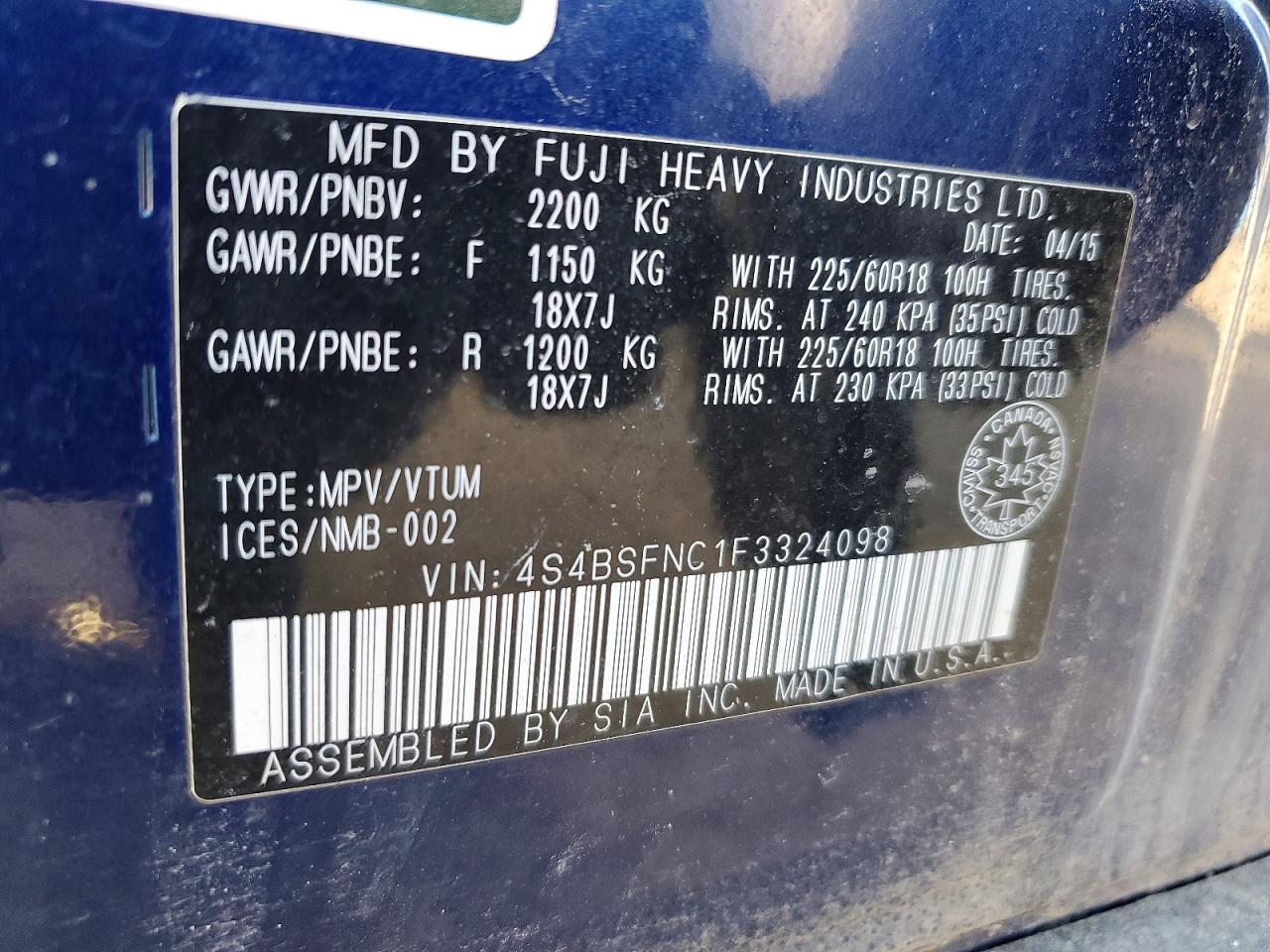 2015 Subaru Outback 3.6r Limited Blue vin: 4S4BSFNC1F3324098