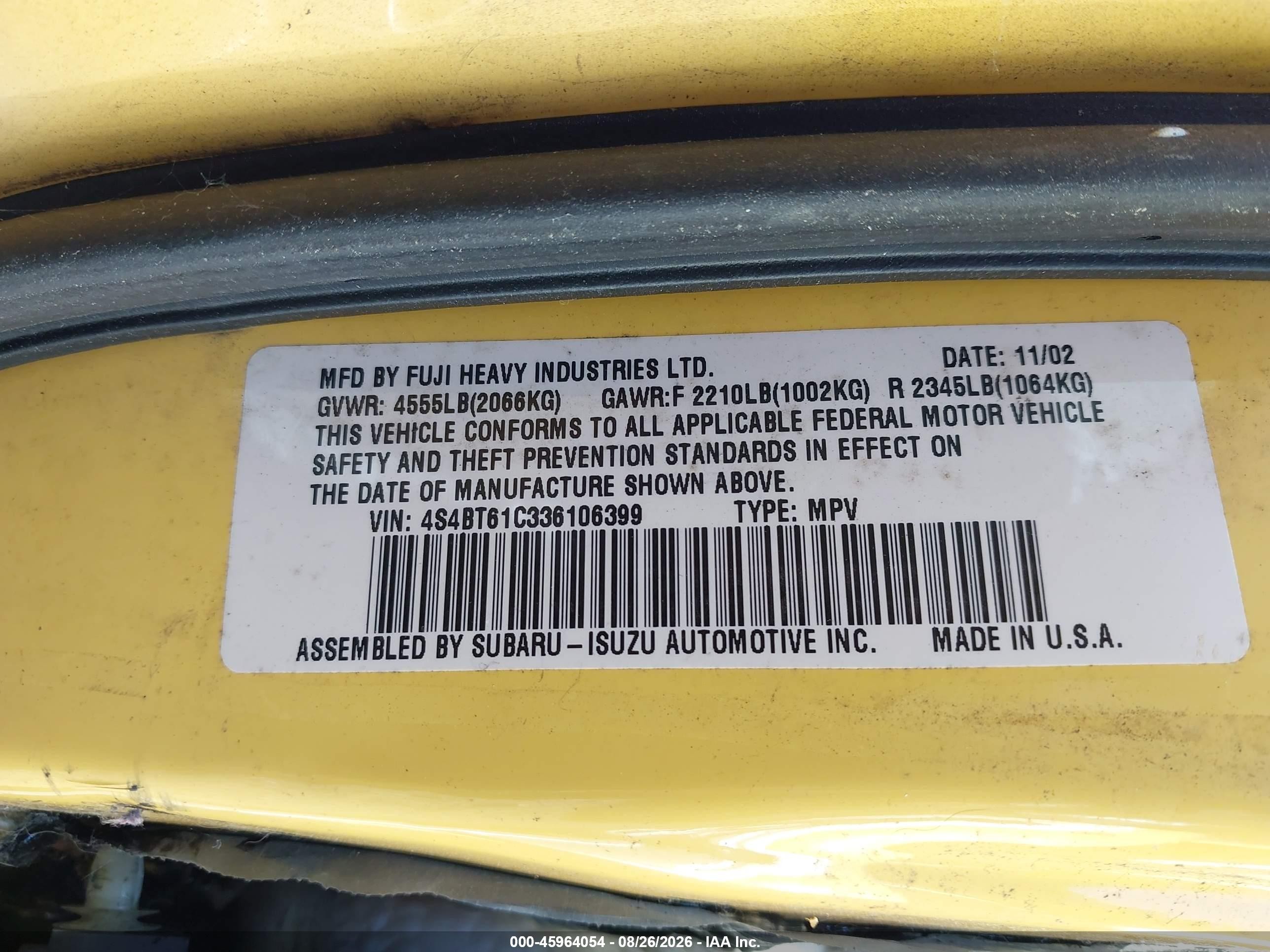 2003 Subaru Baja   Yellow vin: 4S4BT61C336106399