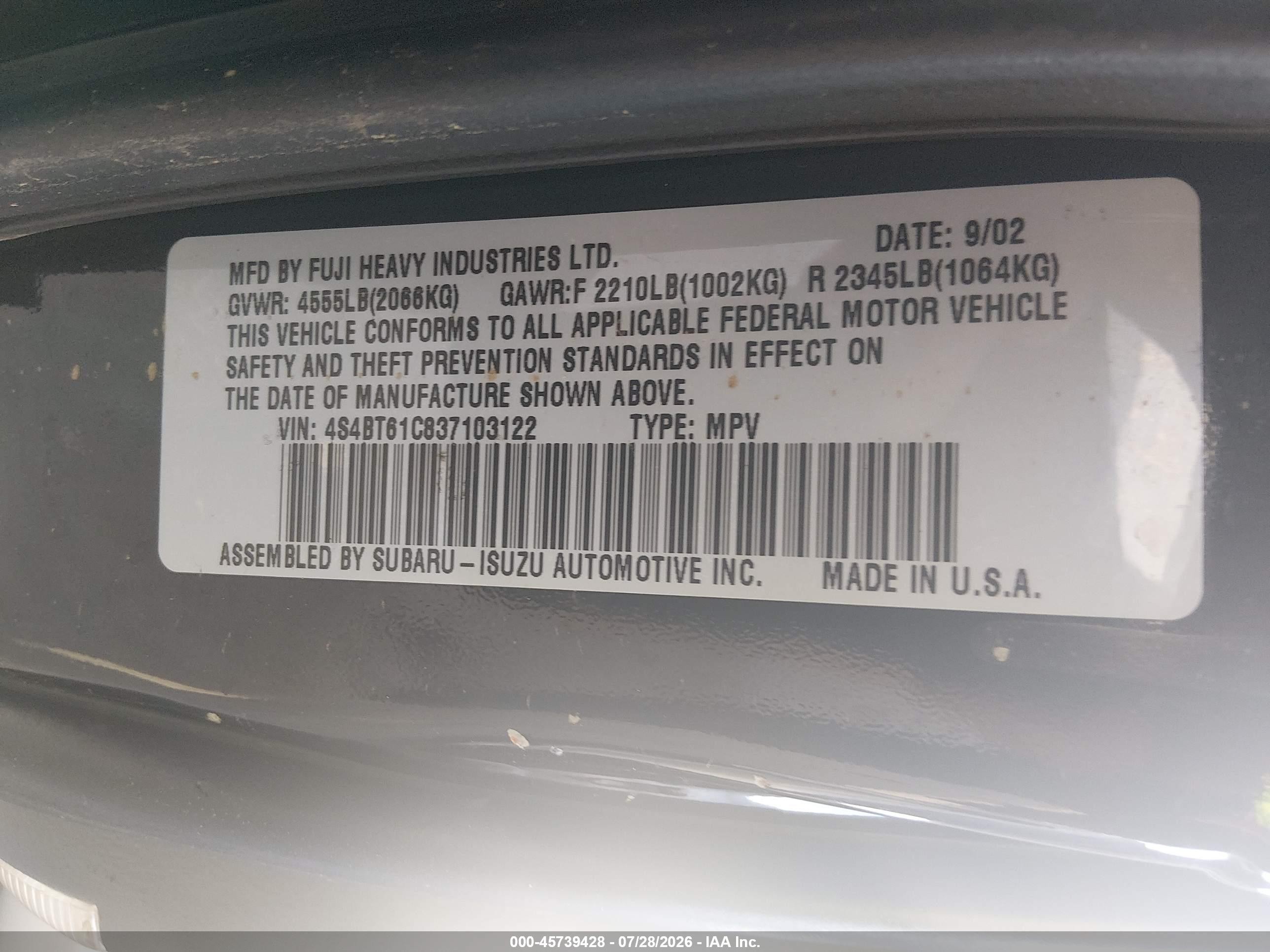 2003 Subaru Baja Черный vin: 4S4BT61C837103122