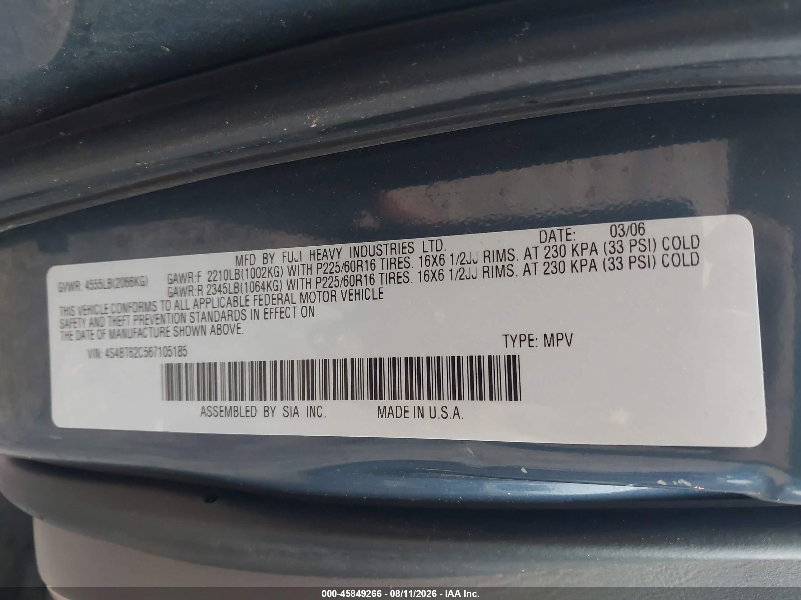 2006 Subaru Baja Sport Light Blue vin: 4S4BT62C567105185