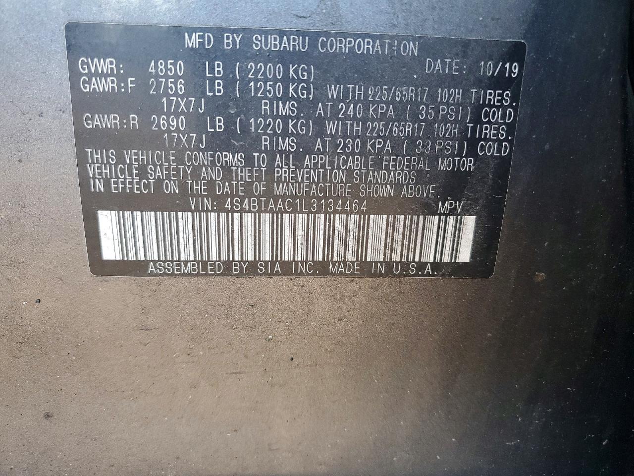 2020 Subaru Outback Gray vin: 4S4BTAAC1L3134464