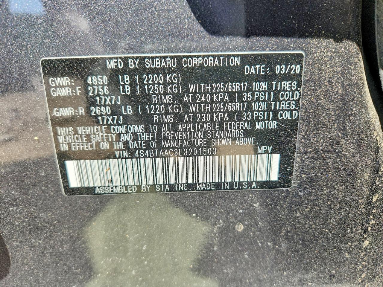 2020 Subaru Outback Gray vin: 4S4BTAAC3L3201503
