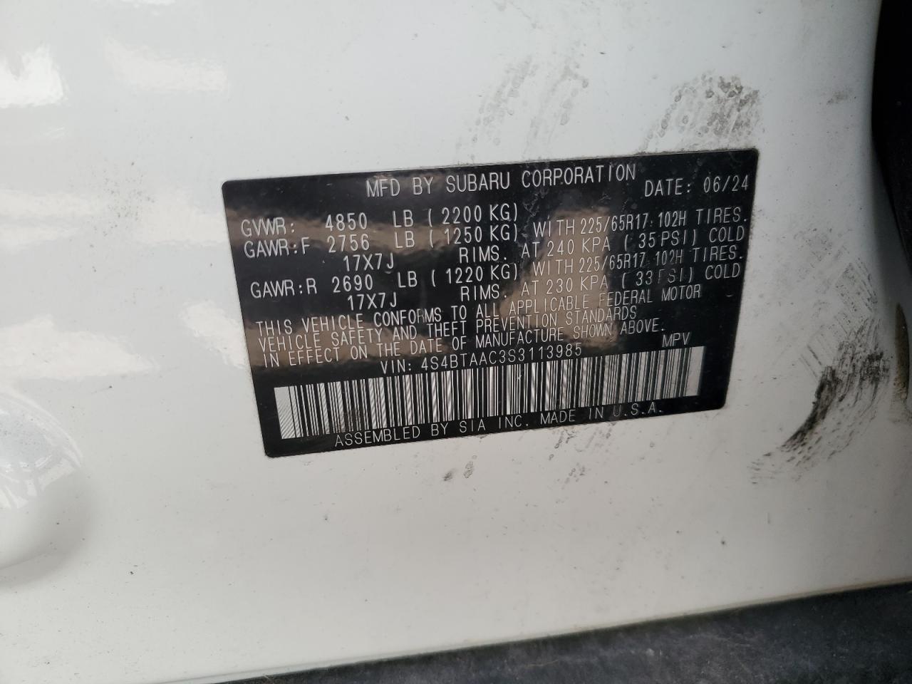 2025 Subaru Outback White vin: 4S4BTAAC3S3113985