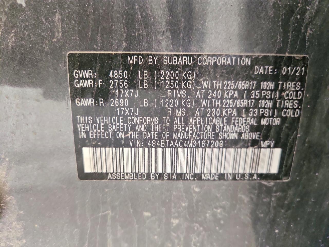 2021 Subaru Outback Серый vin: 4S4BTAAC4M3167203