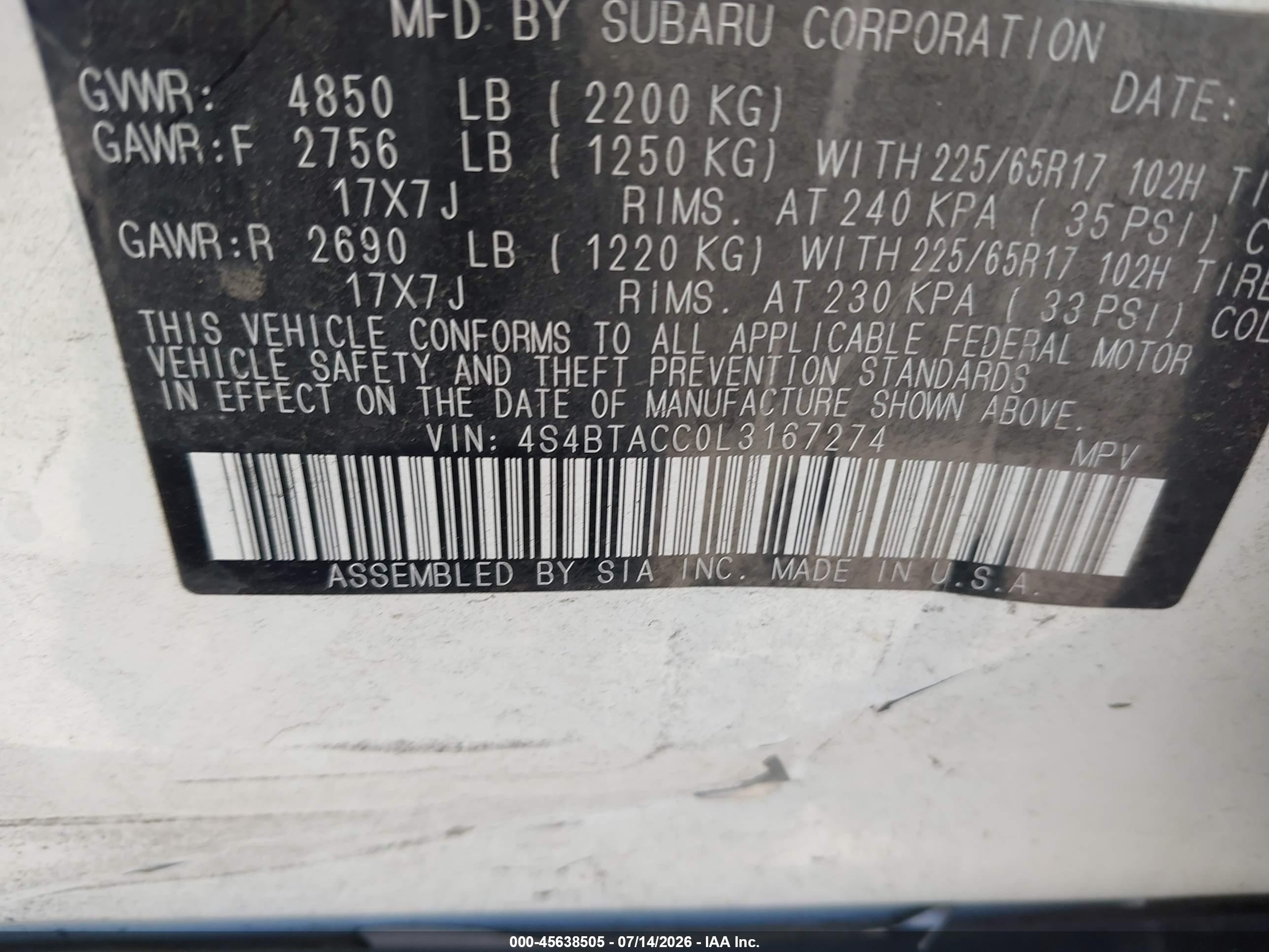 2020 Subaru Outback Premium White vin: 4S4BTACC0L3167274