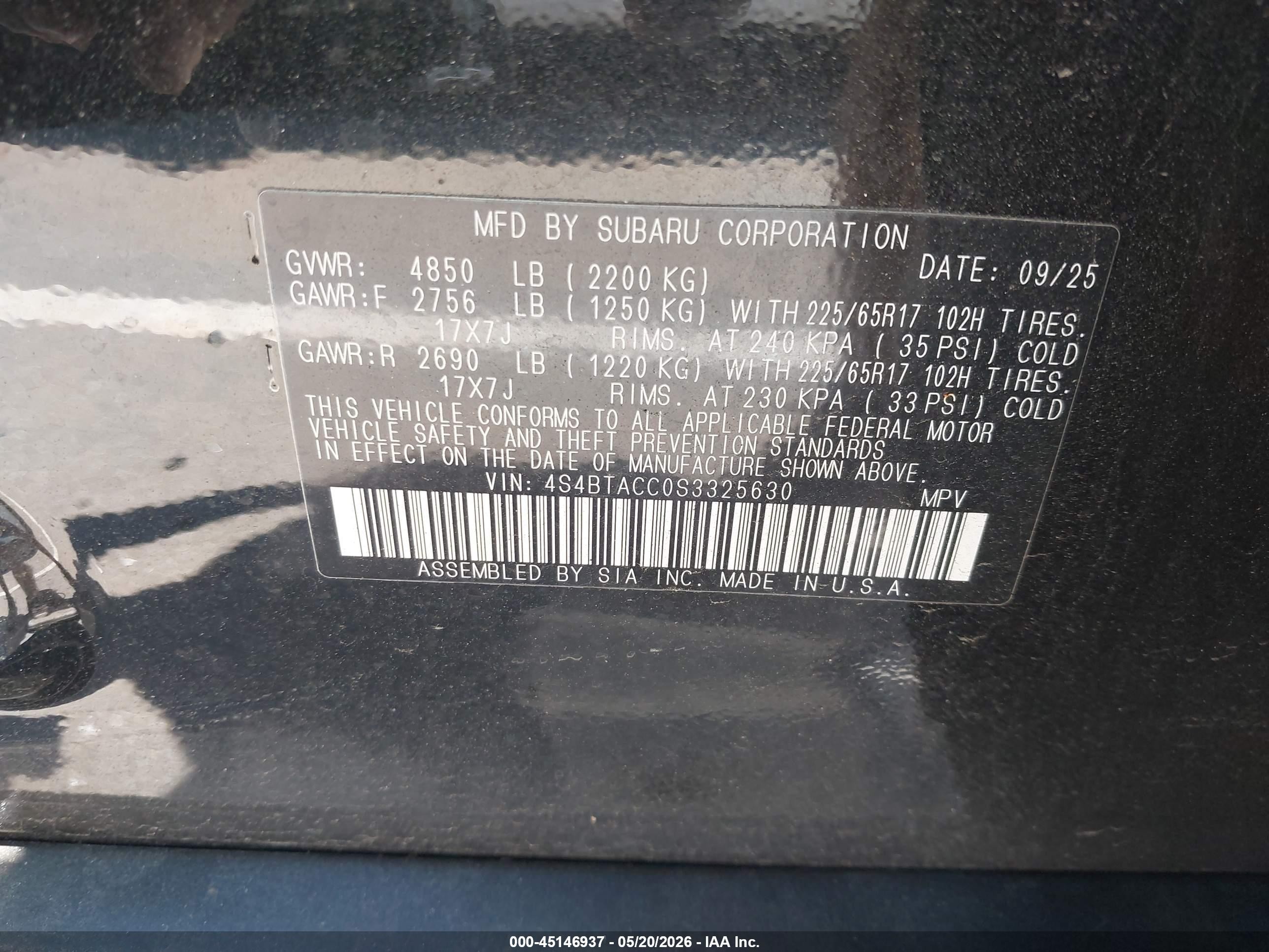 2025 Subaru Outback Premium Black vin: 4S4BTACC0S3325630