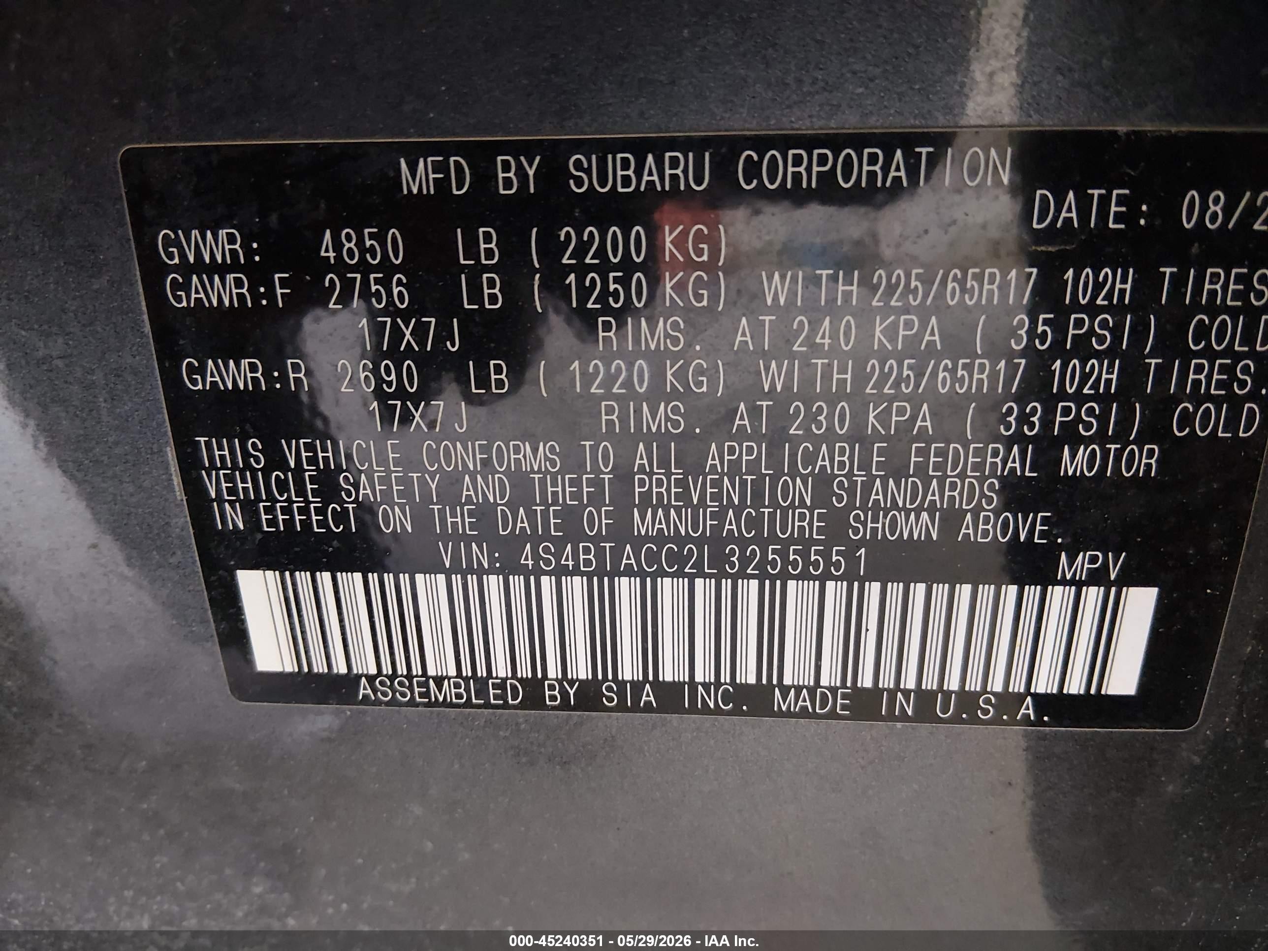 2020 Subaru Outback Premium Gray vin: 4S4BTACC2L3255551