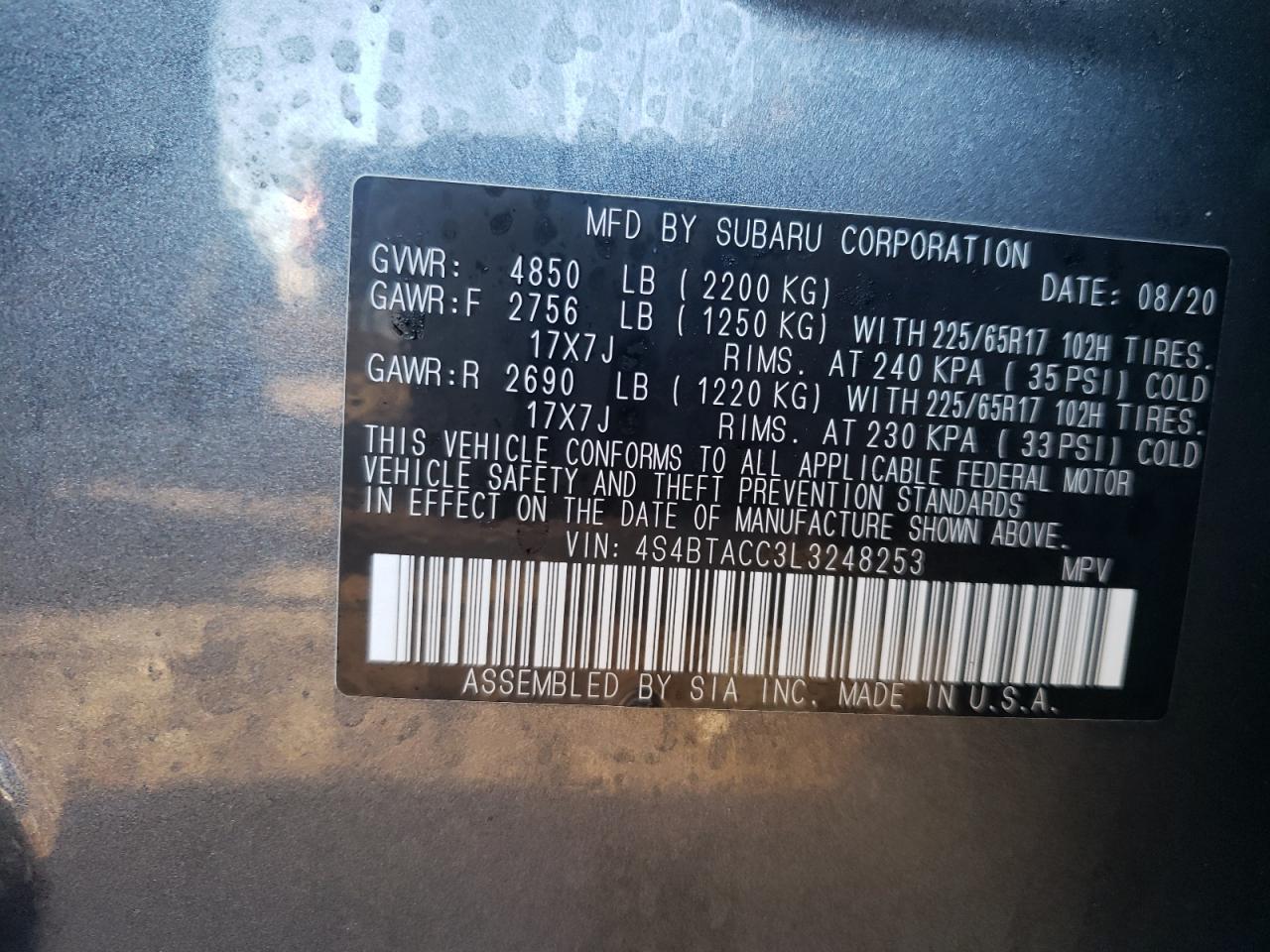 2020 Subaru Outback Premium Gray vin: 4S4BTACC3L3248253