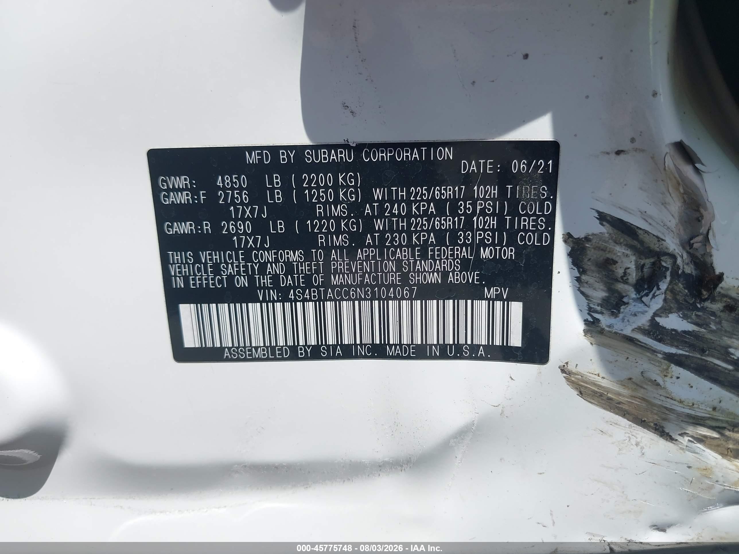 2022 Subaru Outback Premium White vin: 4S4BTACC6N3104067