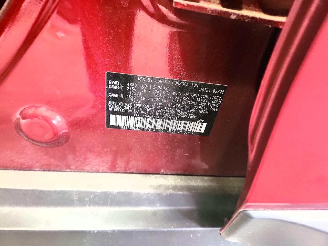 2022 Subaru Outback Premium Burgundy vin: 4S4BTACC7N3197889